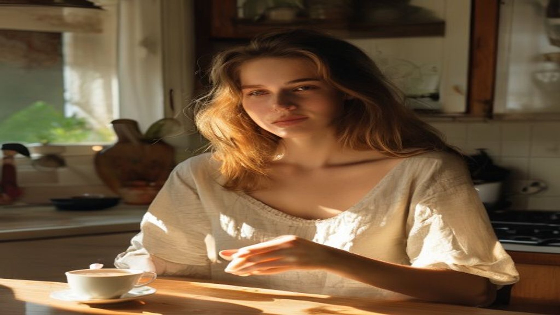 Woman drinking water at kitchen table during morning wellness routine