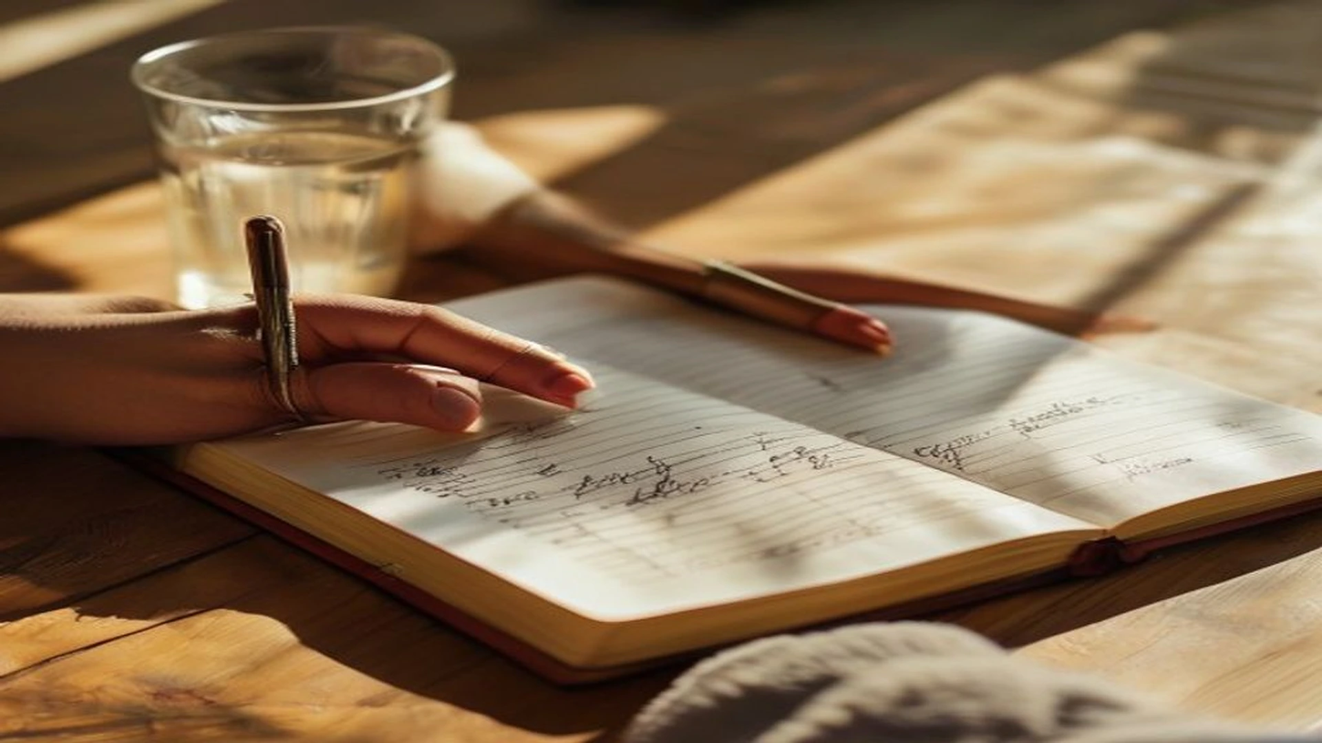 Hands writing healthy lifestyle tips in notebook with water glass