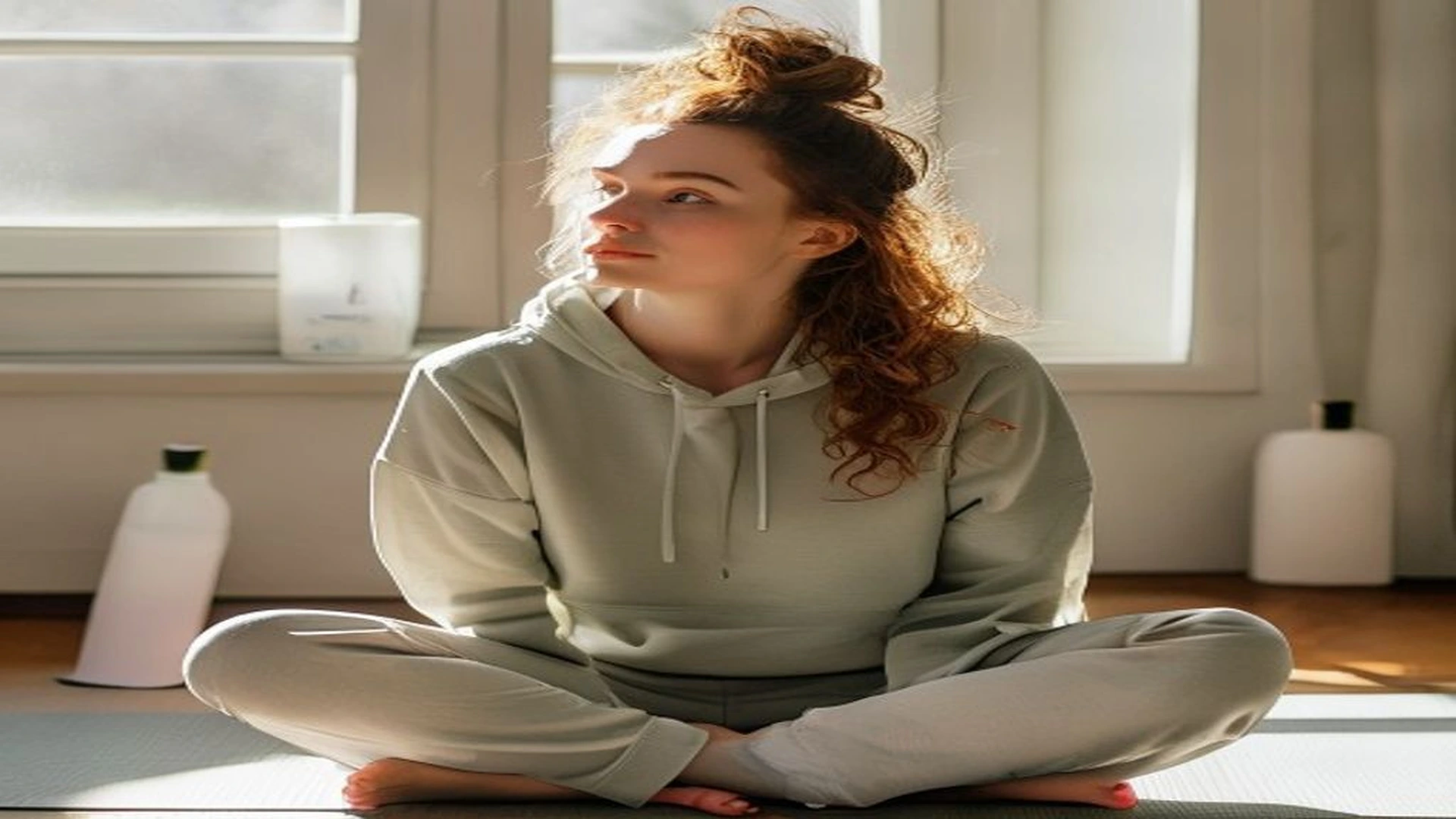 Woman stretching on yoga mat, building daily healthy lifestyle habits