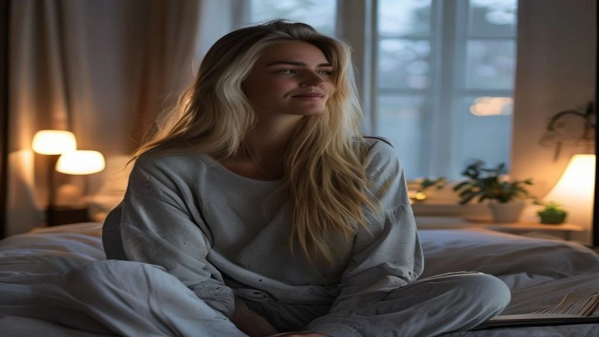 Woman in bedroom evening routine, maintaining healthy lifestyle habits