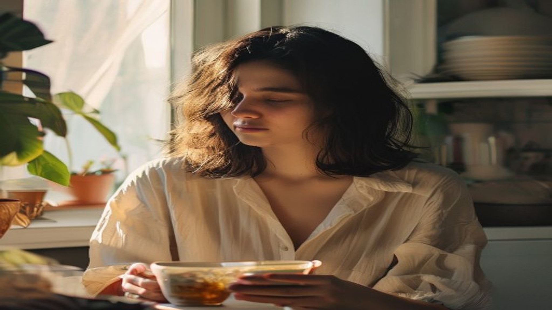 Woman sipping tea by window, practicing healthy lifestyle tips