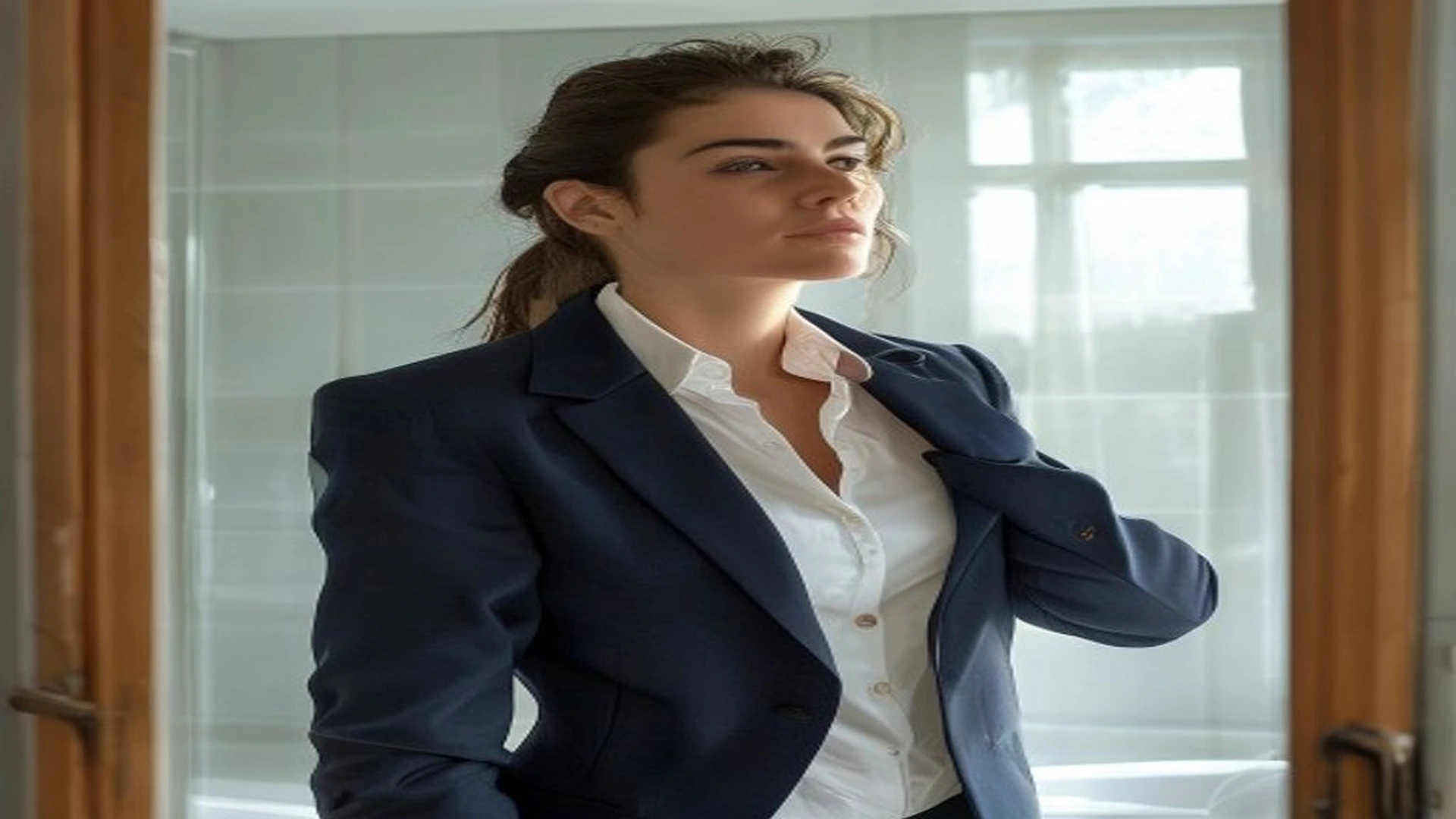 woman adjusting blazer in mirror with confident posture before important moment building confidence