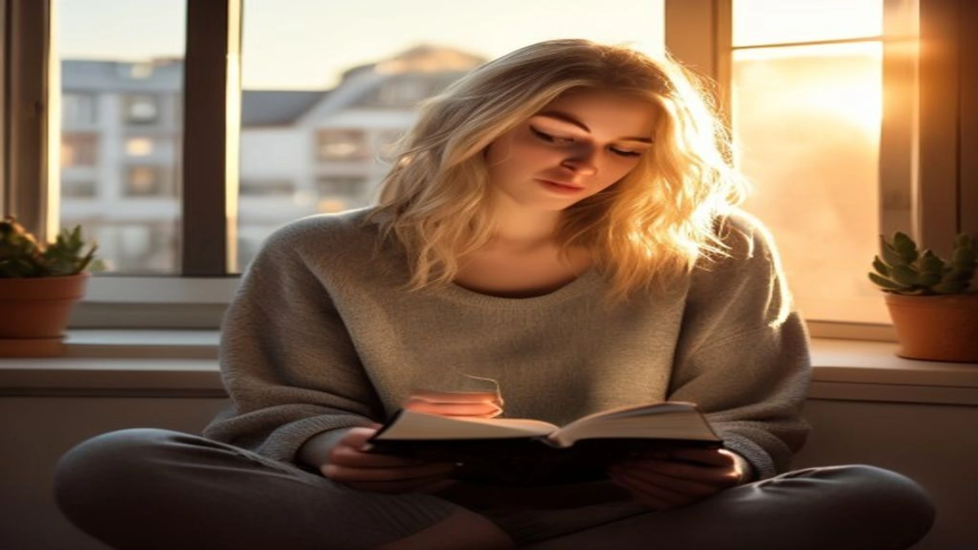 woman journaling at window reflecting on daily confidence building wins during golden hour
