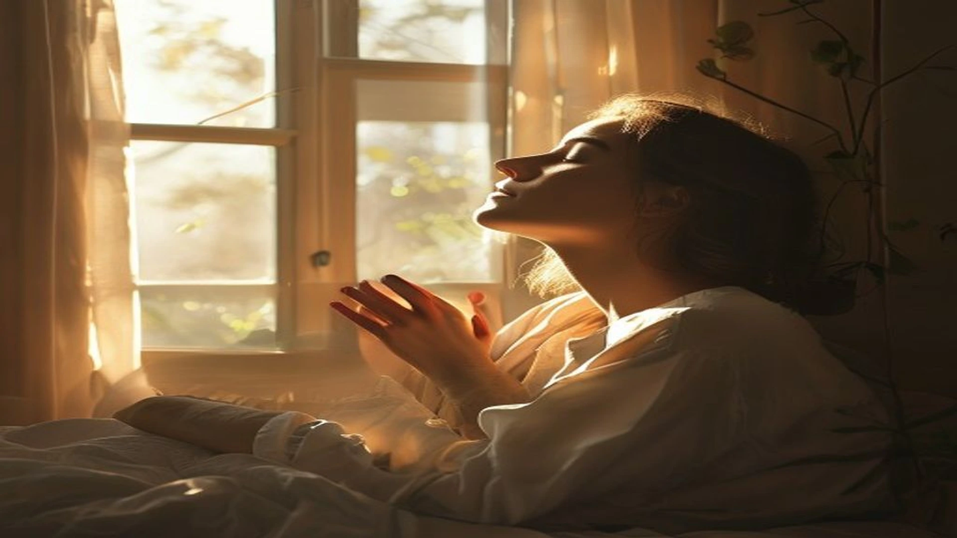 person taking a deep breath by open window finding instant calm