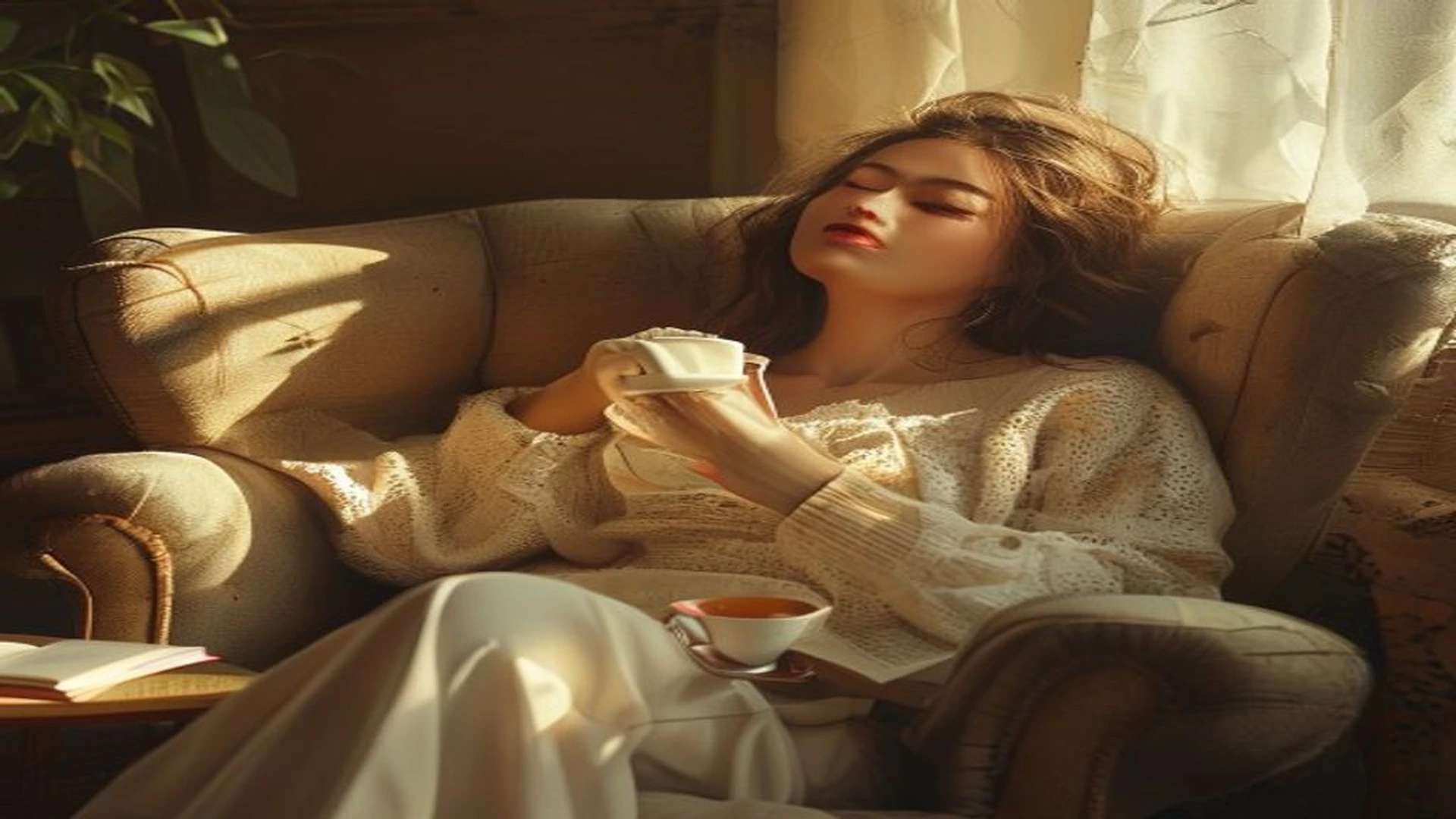 woman sitting peacefully with tea calming her mind instantly