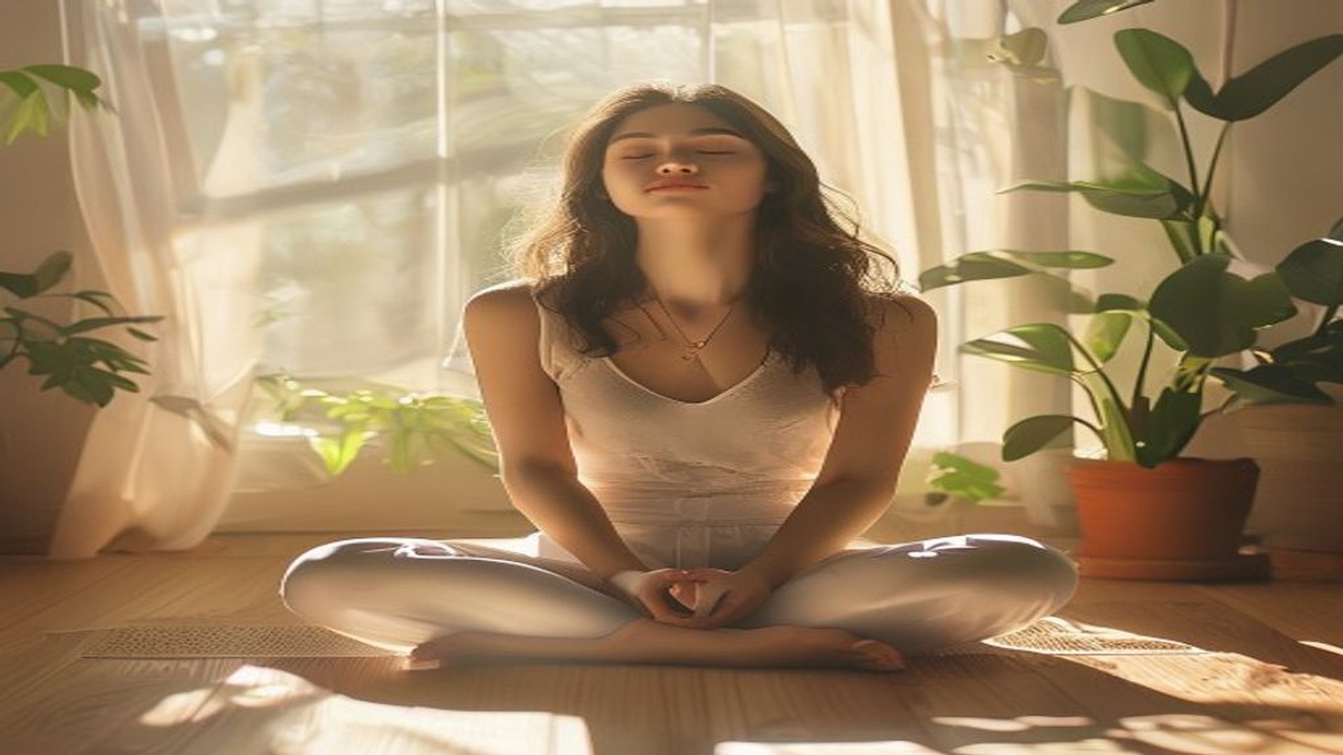young woman sitting cross-legged on floor with closed eyes finding instant calm in morning light