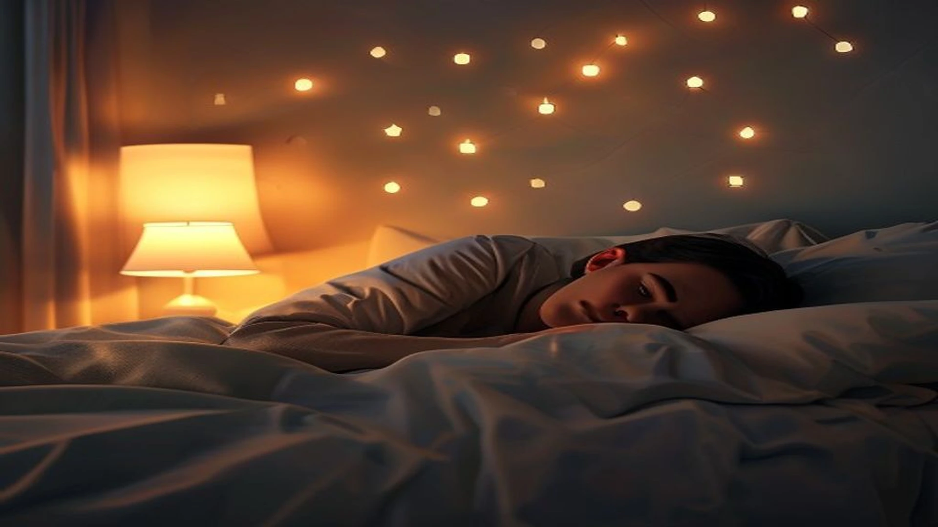 person experiencing racing intrusive thoughts lying in bed at night