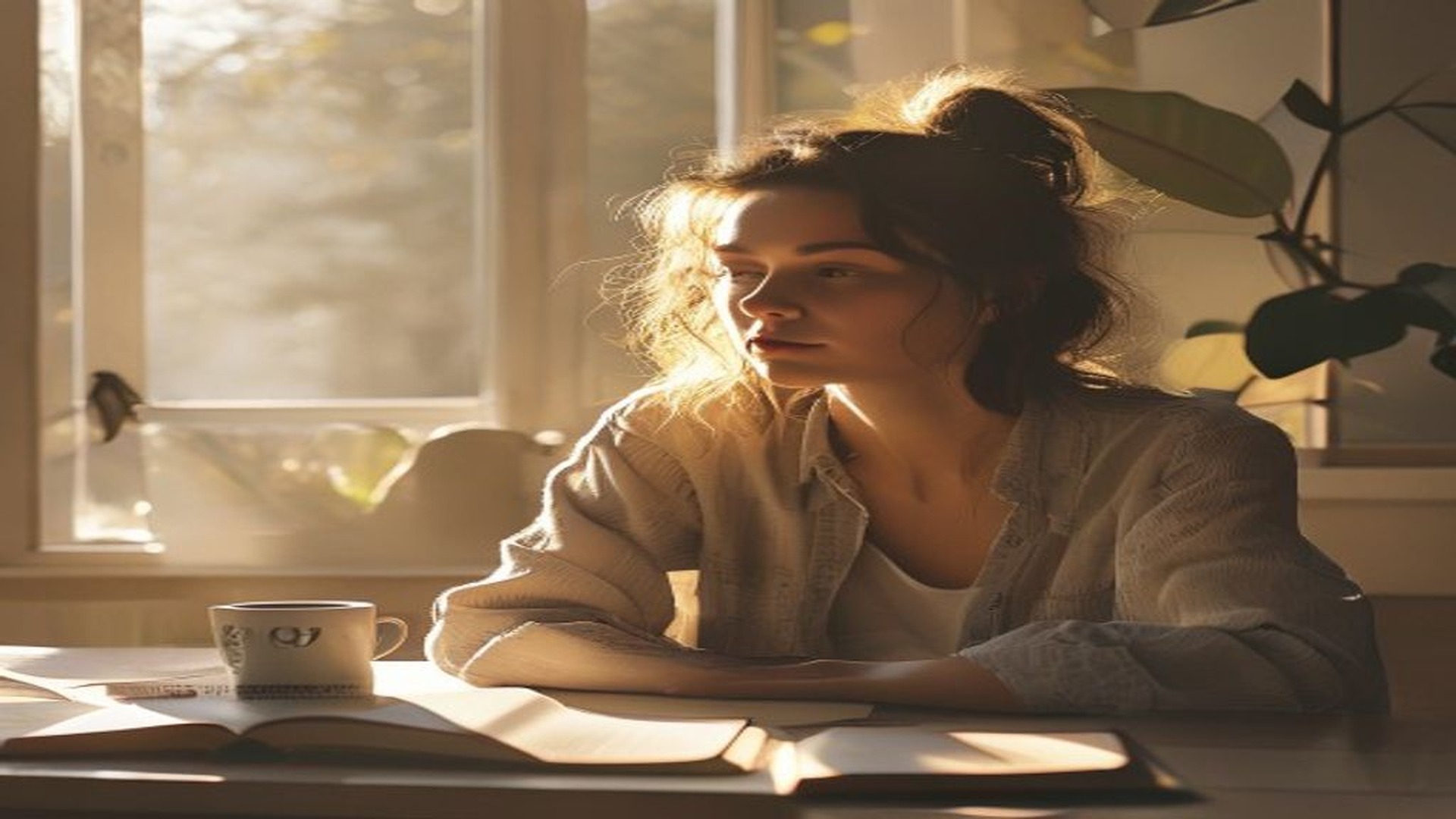 person managing intrusive thoughts peacefully at desk morning