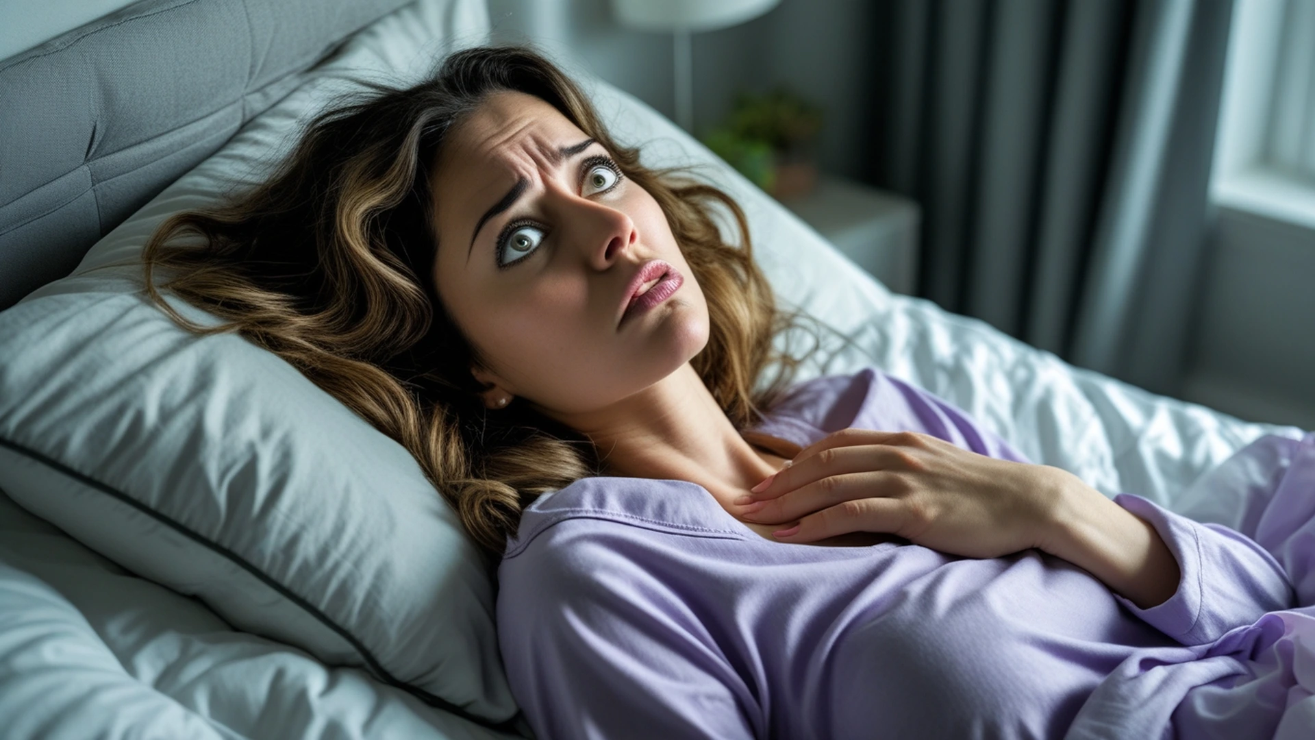 woman lying in bed morning eyes open tight anxious expression daily anxiety