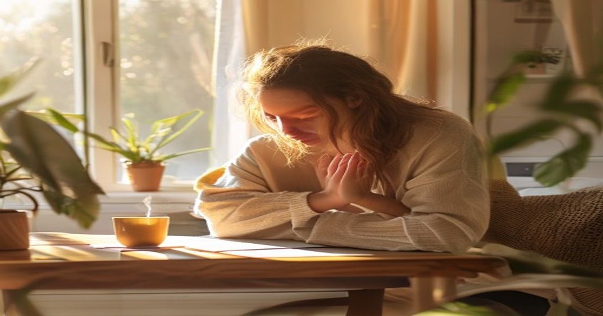 person practicing breathing exercise at desk in morning dealing with daily anxiety
