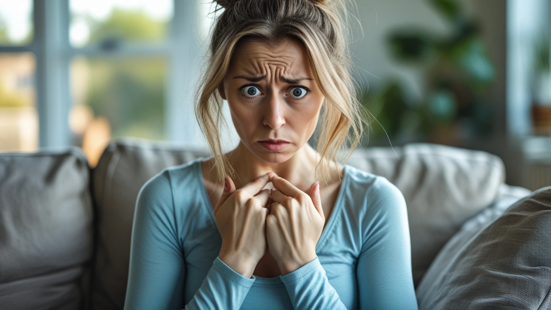 woman pressing hands to chest feeling stress building at home