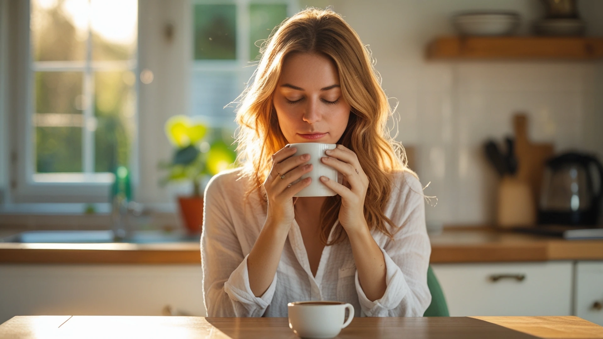 woman with coffee mug eyes closed morning calm breathing ritual