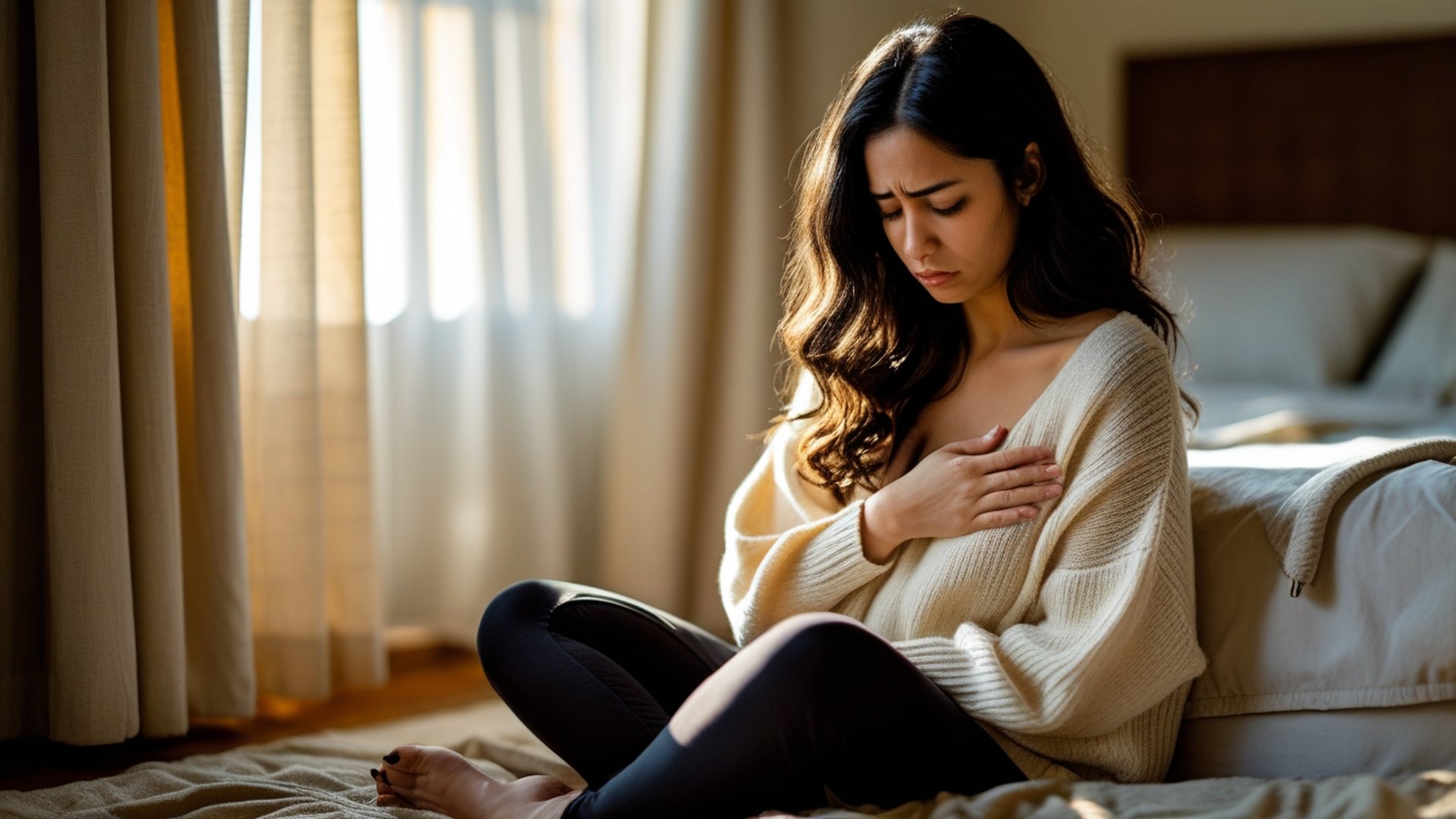 Woman breathing calmly by window with hand on chest