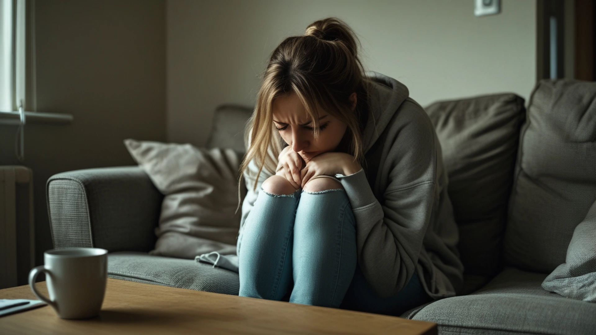 young woman sitting alone on sofa emotionally flat wondering why she feels unhappy