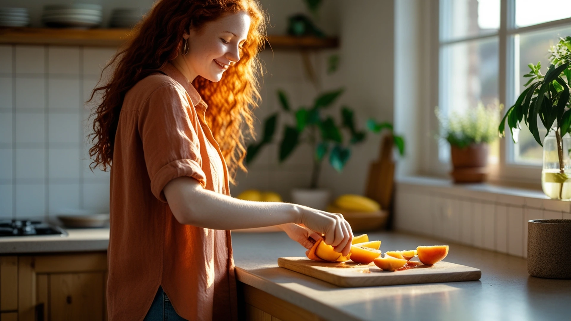 woman smiling while slicing fruit in kitchen small moment of happiness
