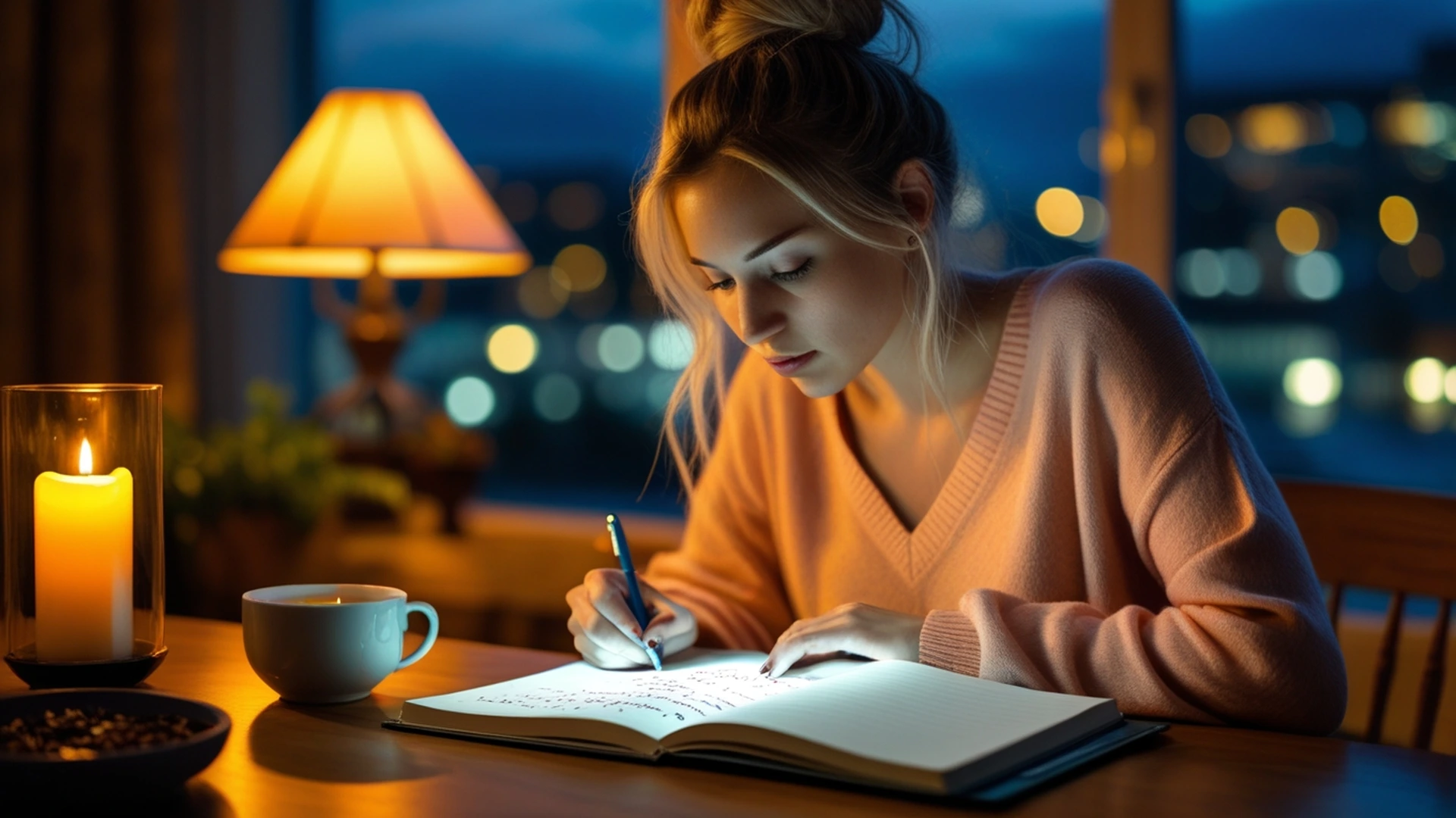 woman journaling by candlelight in the evening gratitude habit to feel happy again