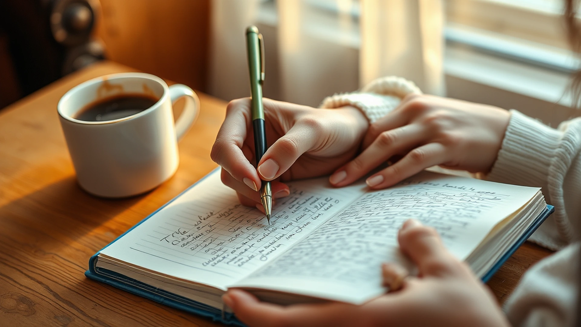 Hands writing in journal, defining personal improvement goals and self-assessment