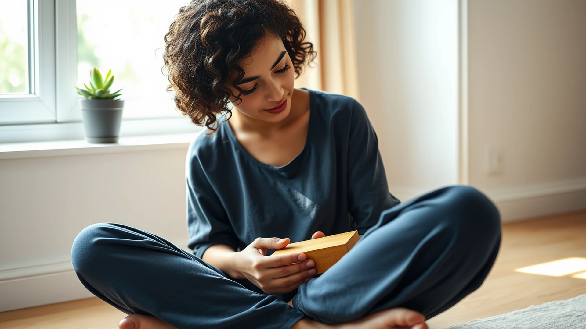 Woman in peaceful moment, mentally shifting limiting beliefs for personal growth