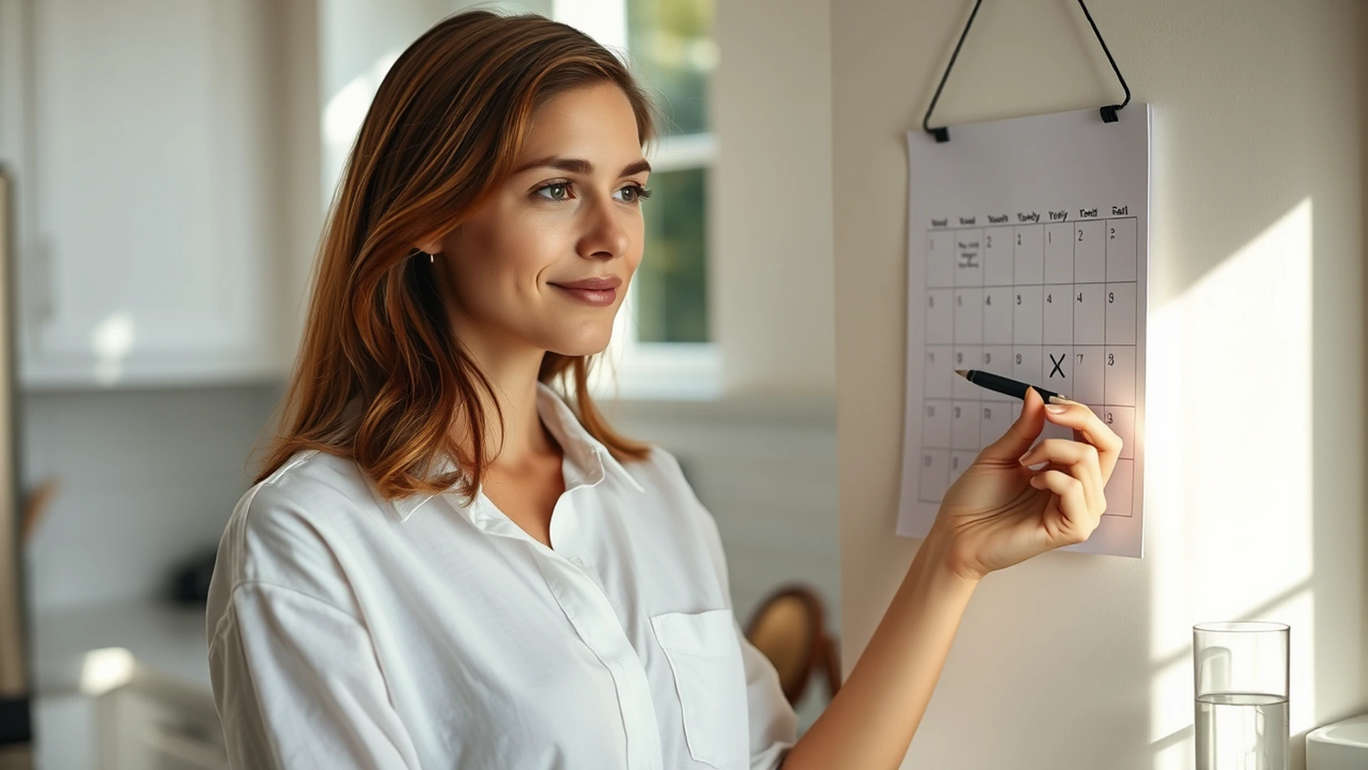 Woman marking calendar progress, tracking daily habits and self-improvement wins