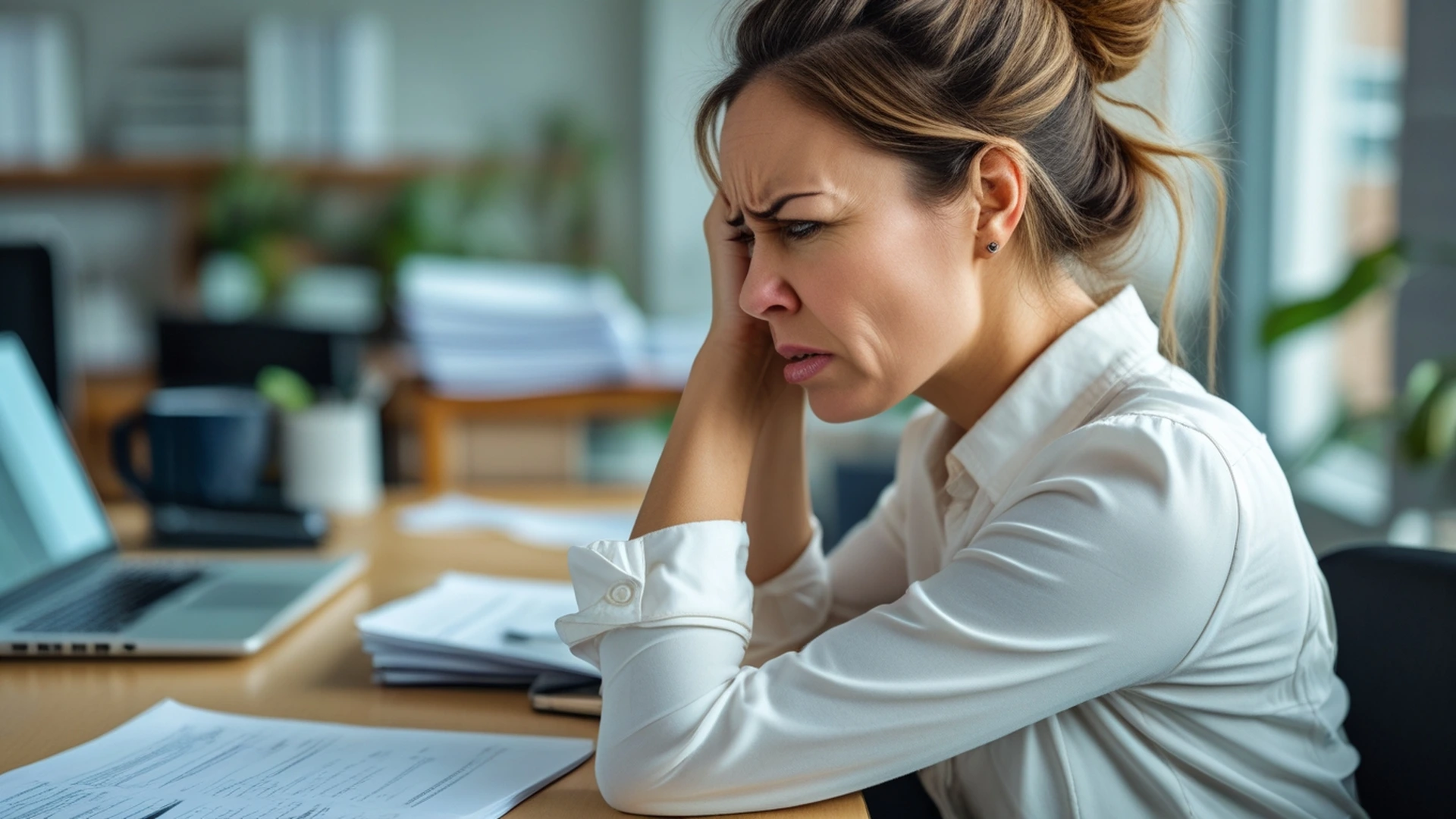 woman rolling shoulder at desk tense neck physical signs of stress