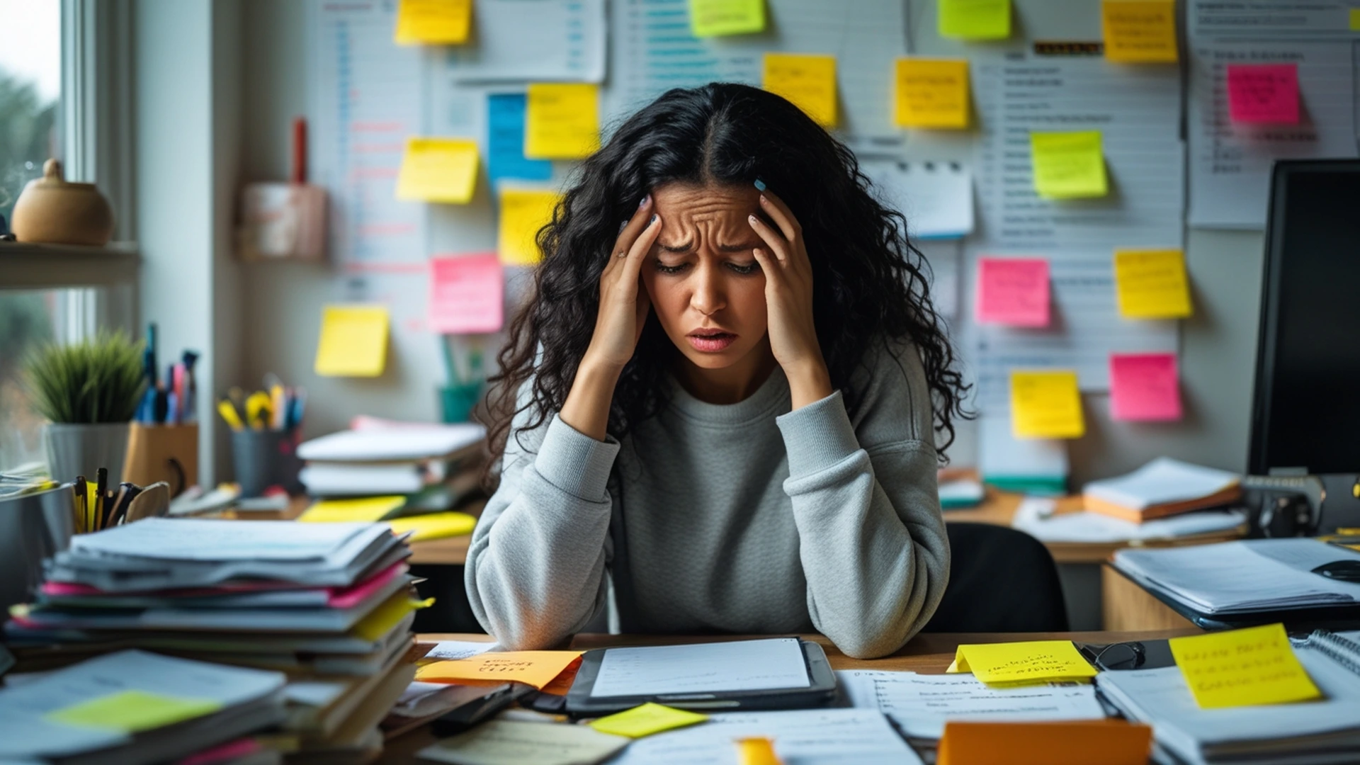 overwhelmed woman at cluttered desk surrounded by tasks chronic stress