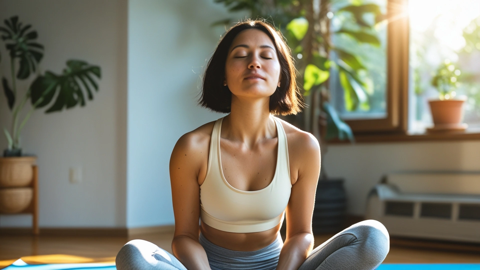young woman in childs pose yoga at home morning natural stress reduction