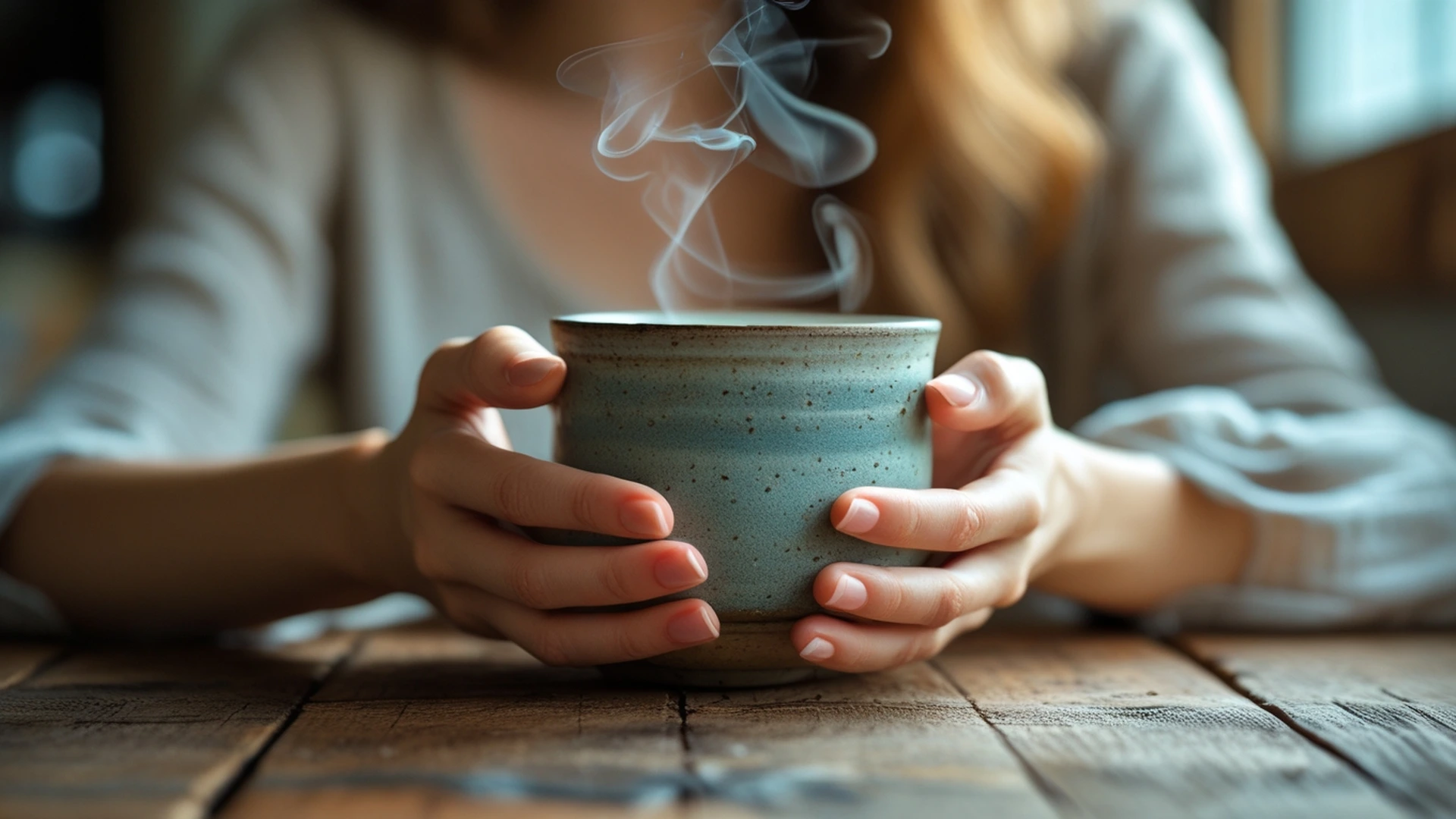 close-up of woman hands holding warm tea mug mental relaxation