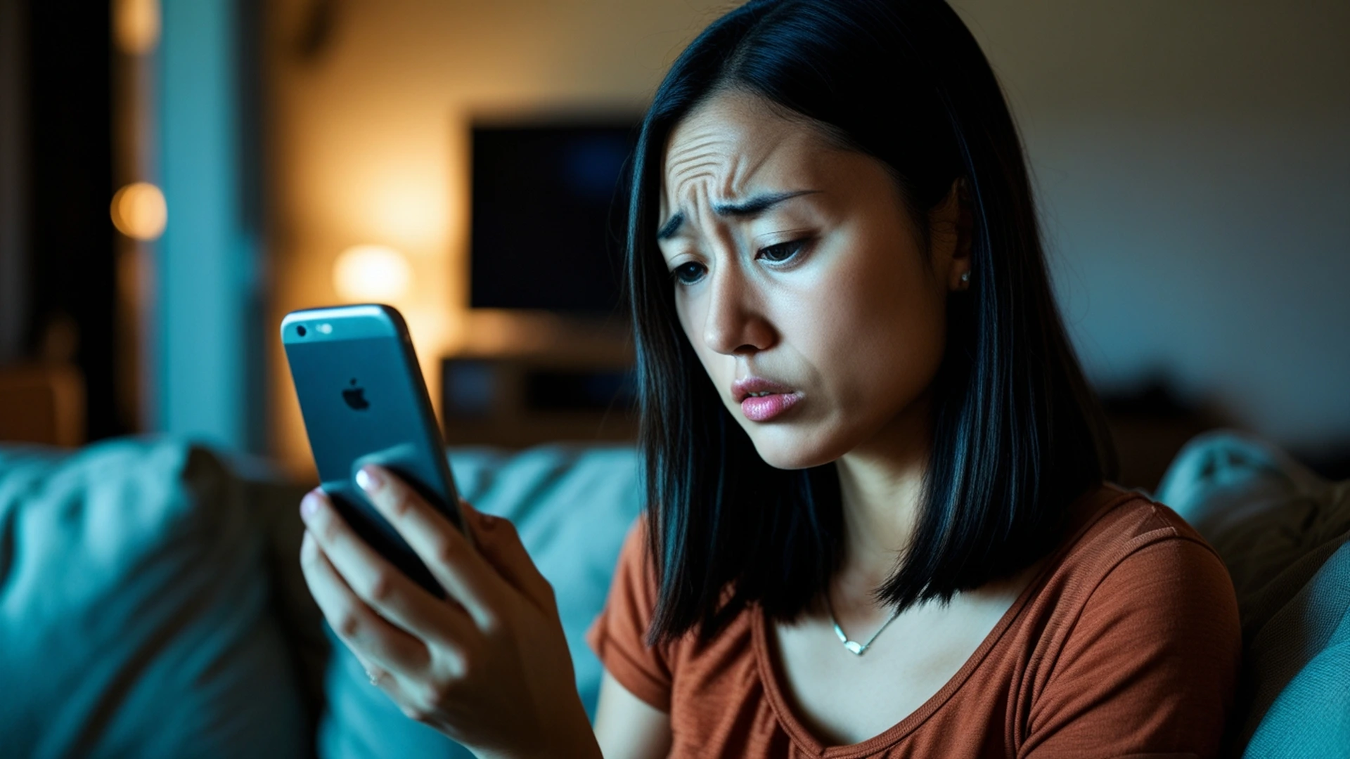 young woman looking at phone overwhelmed by digital information overload