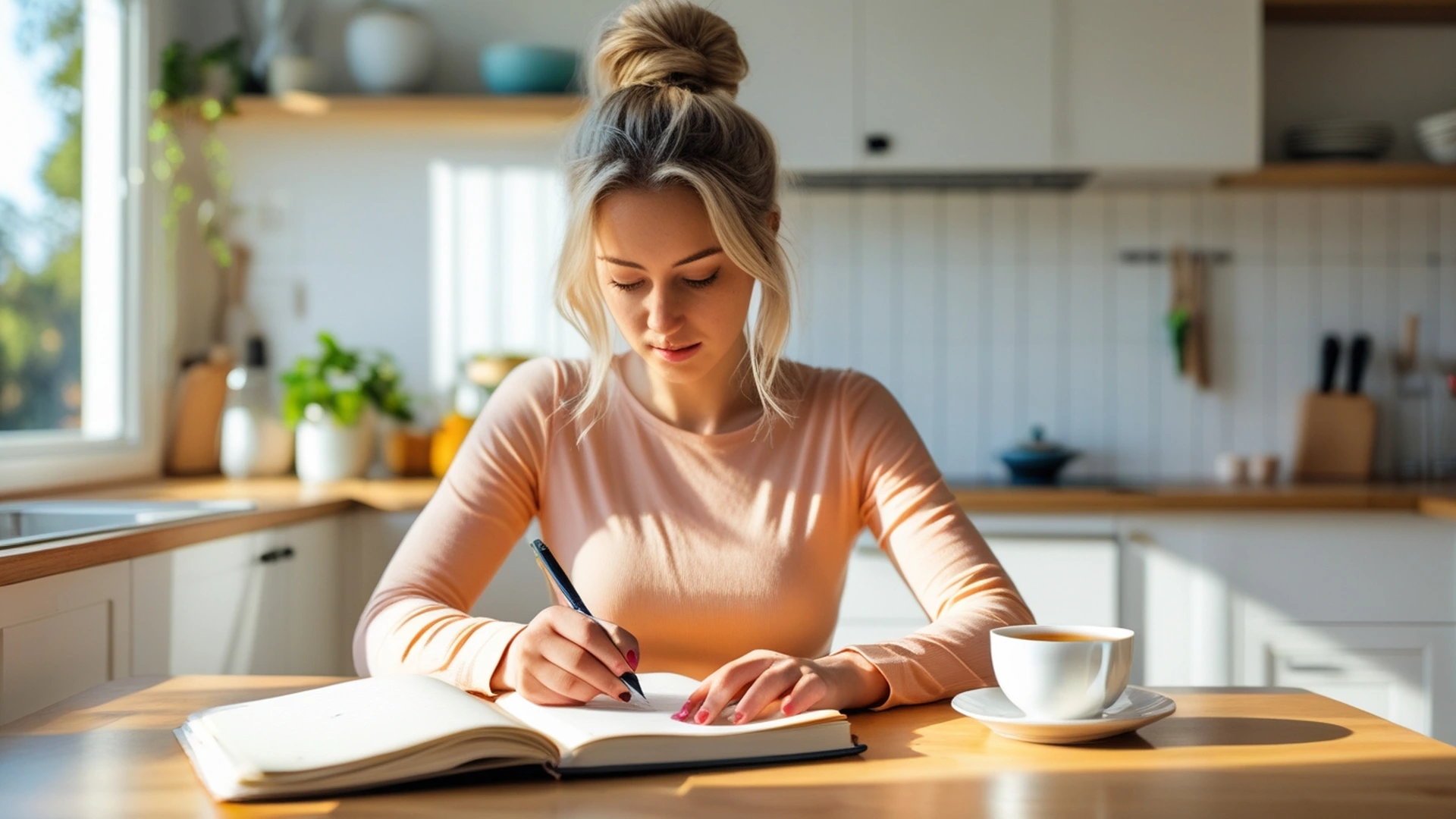 woman journaling at bright kitchen table morning relaxation daily habit