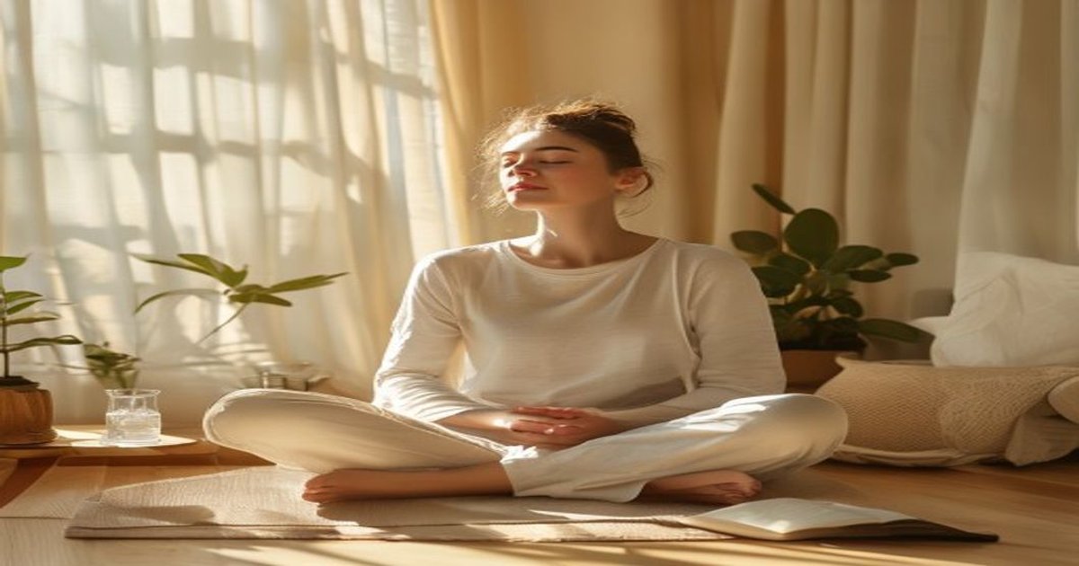 Person sitting peacefully with closed eyes in calm living room during relaxation