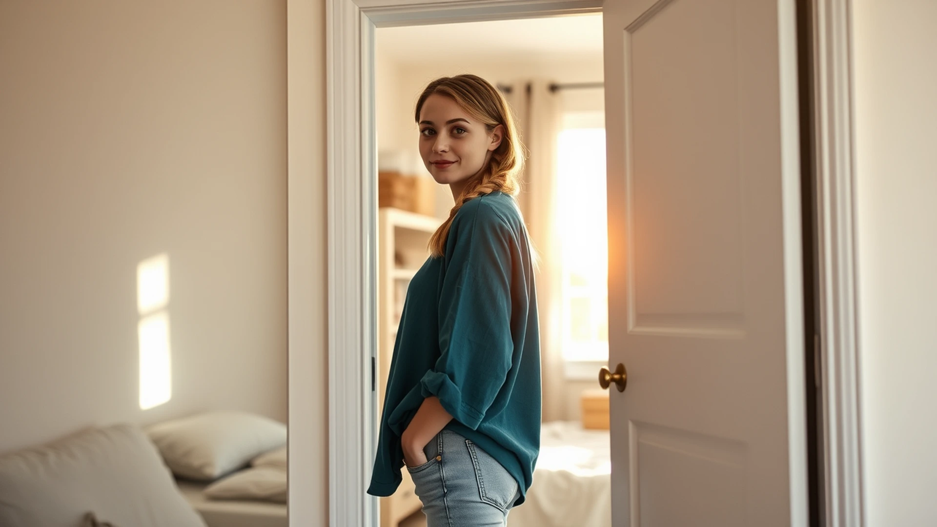 Woman reflecting on life reset progress in bedroom mirror