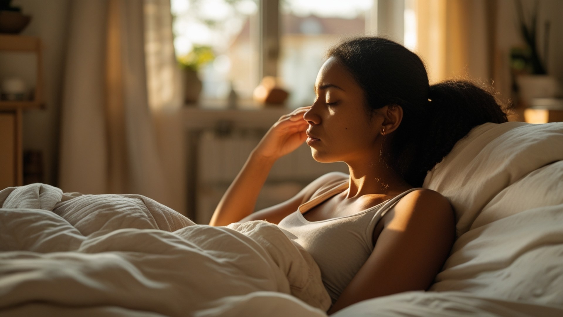 Woman sleeping peacefully in cool dark bedroom for better sleep quality