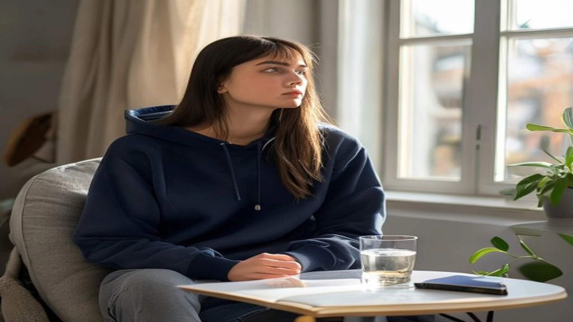 Woman sitting by window reviewing her daily motivation habit plan