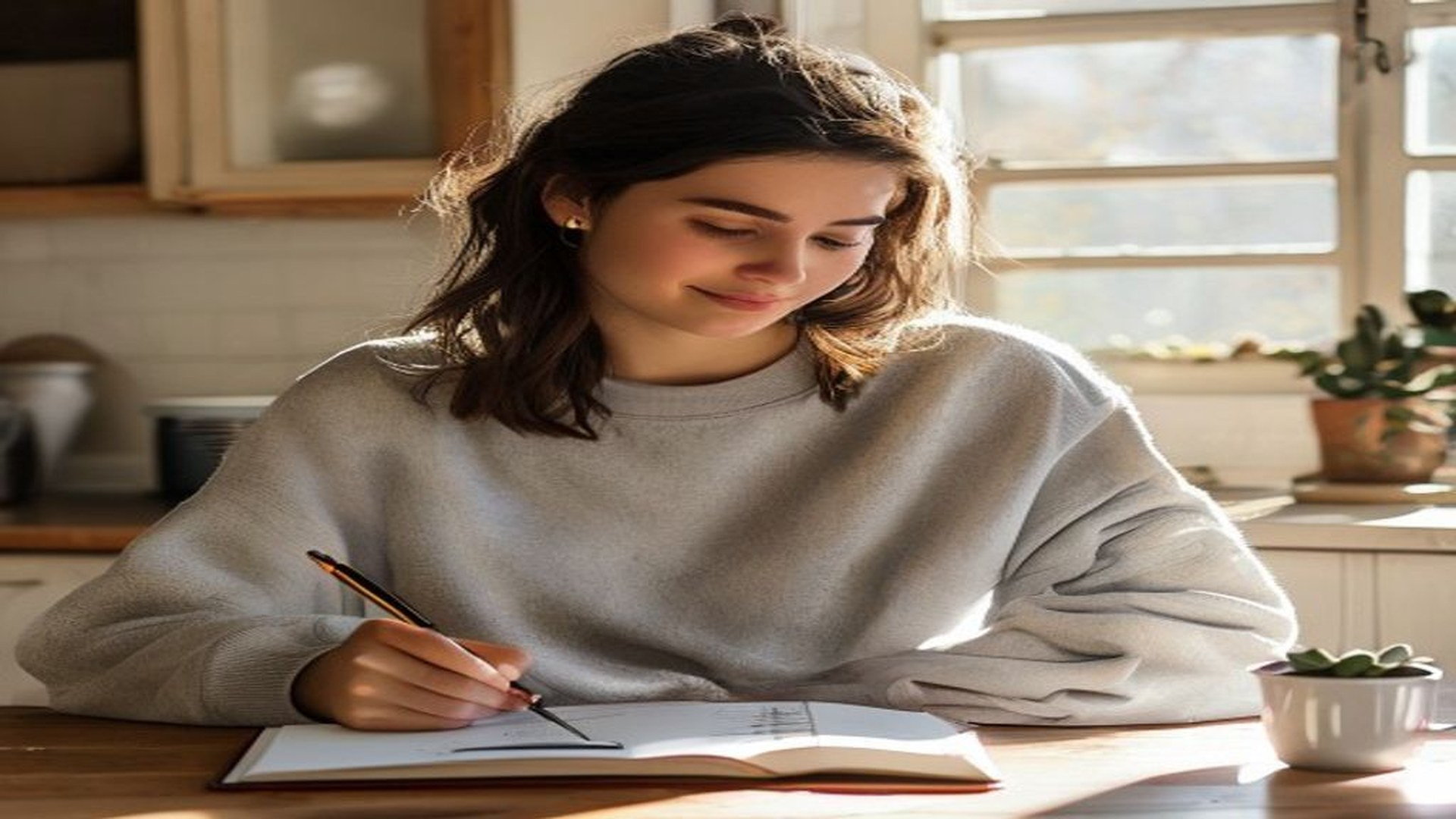 Woman writing in notebook with coffee, motivated morning routine