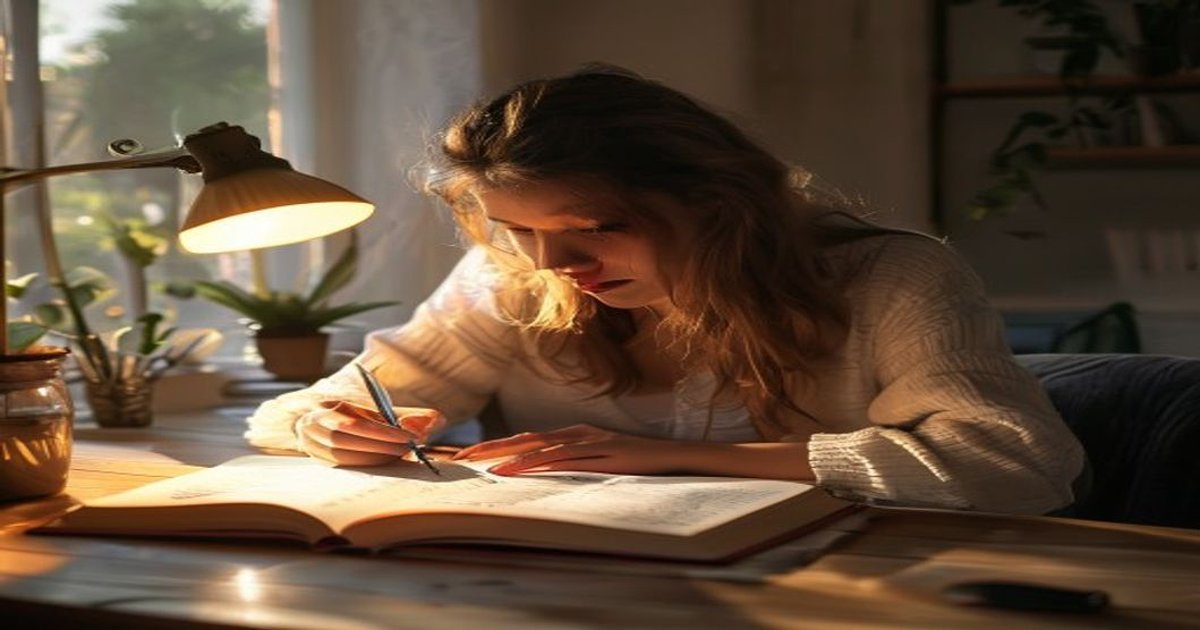 Woman pausing during journaling to interrupt negative thoughts with relief