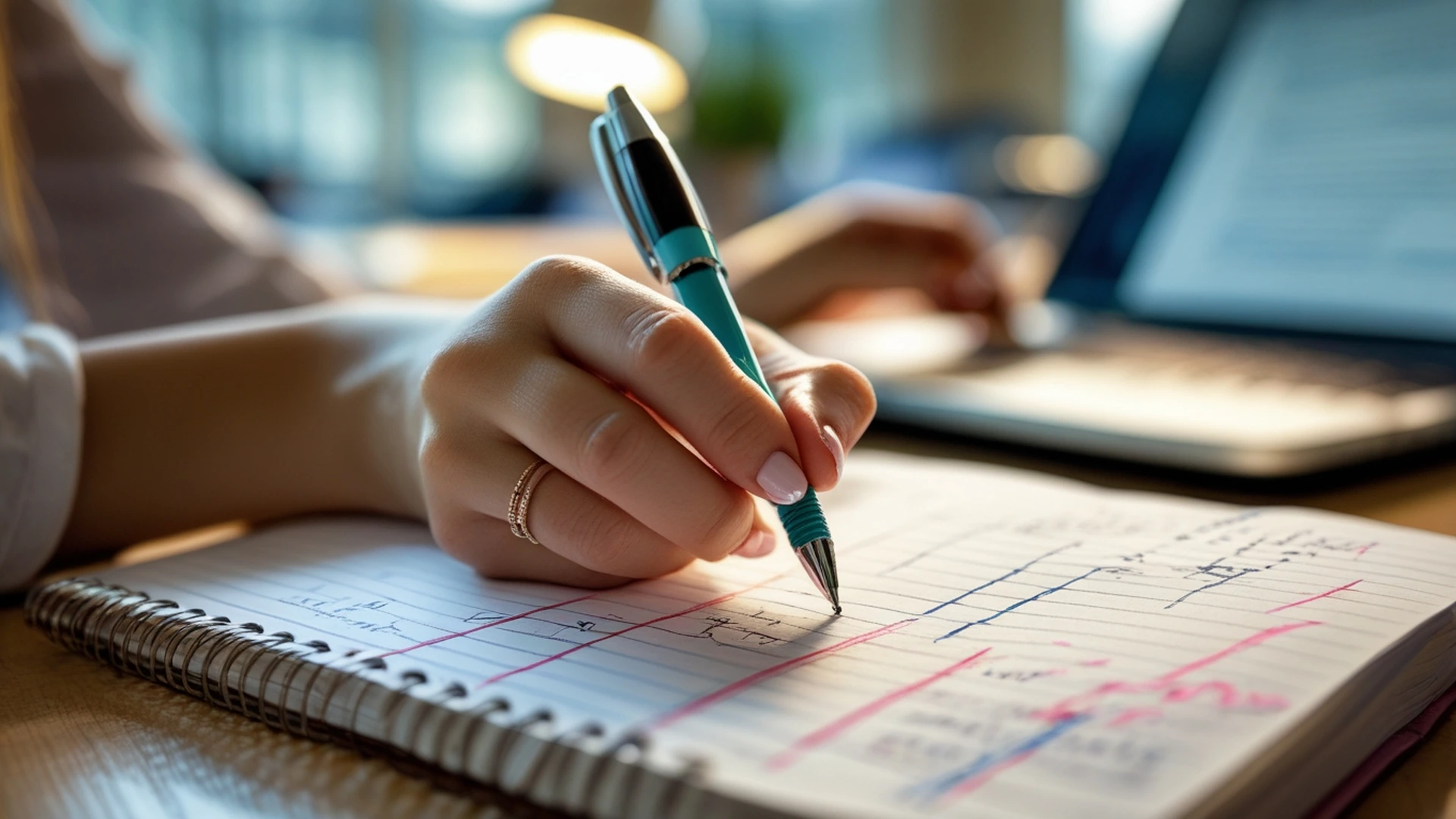 close-up of woman hands gripping pen over messy notebook overthinking at work