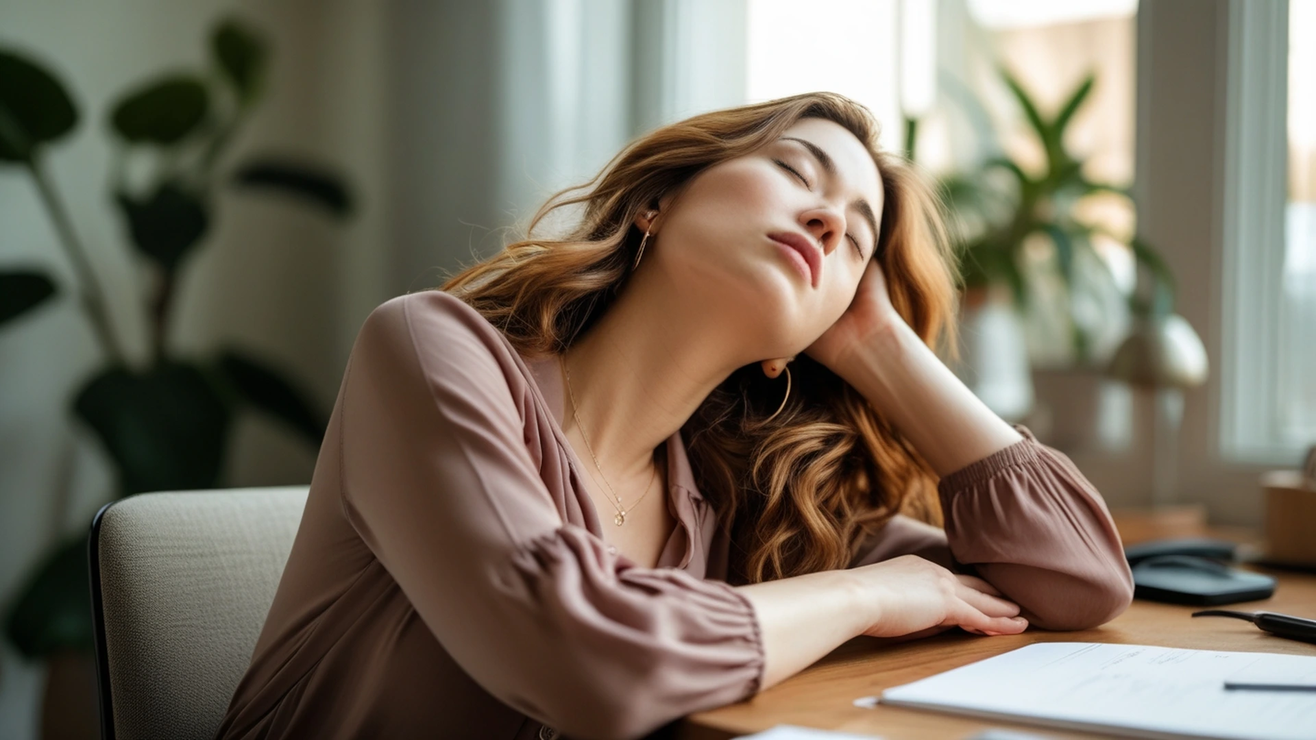 woman leaning back at desk eyes closed taking a pause from work stress