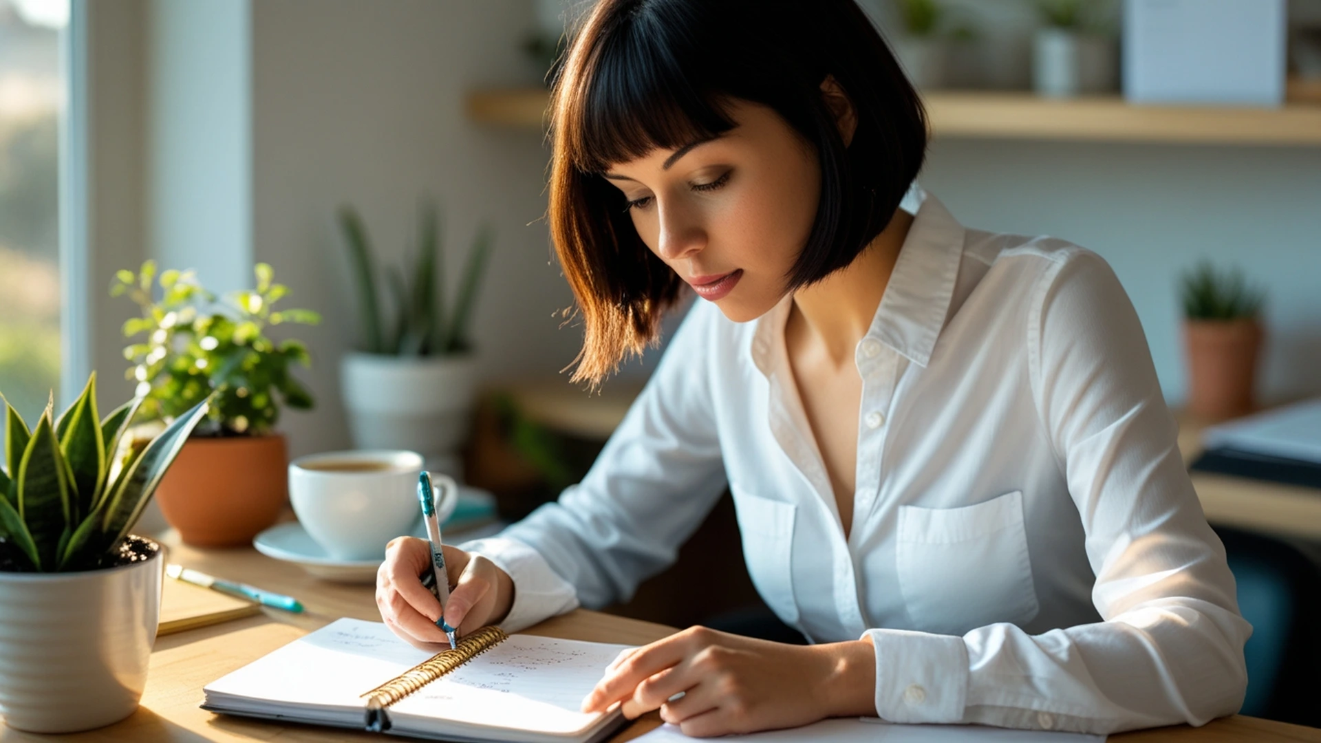 woman writing in planner at desk calm morning habit to stop overthinking