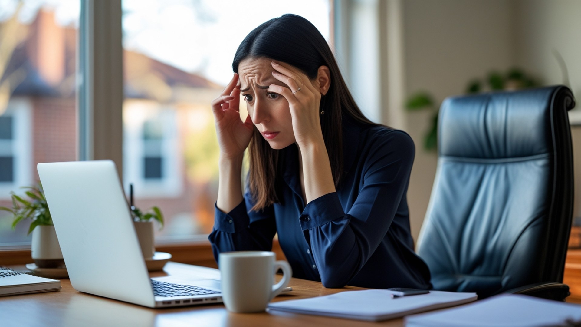 Woman pausing at desk with hand to temple showing overthinking.