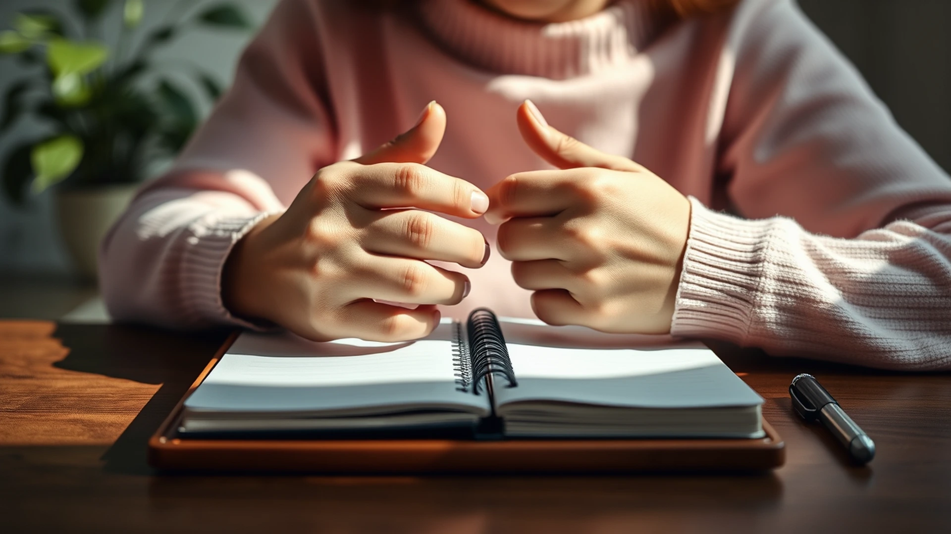 Woman's hands pressed to temples showing mental strain of overthinking cycle.