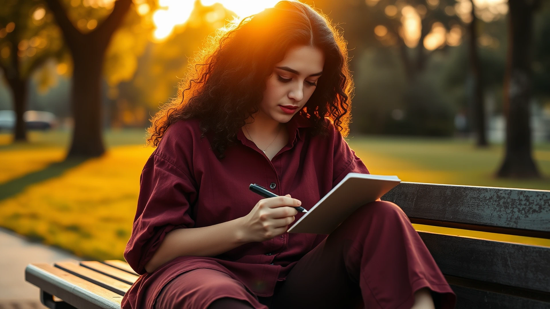 Woman journaling her overthinking management plan in peaceful park setting.