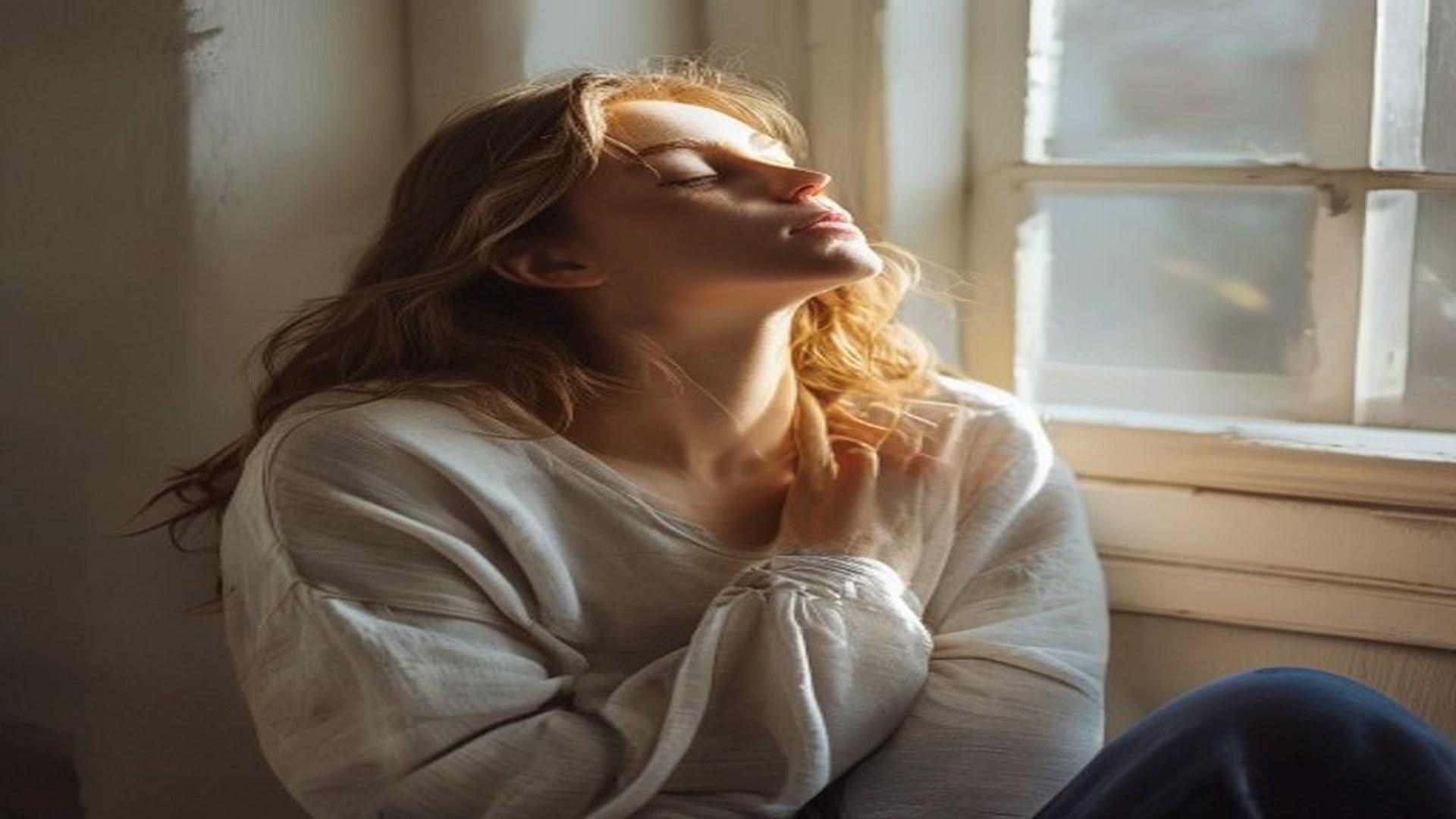 Young woman meditating calmly during a peaceful morning at home