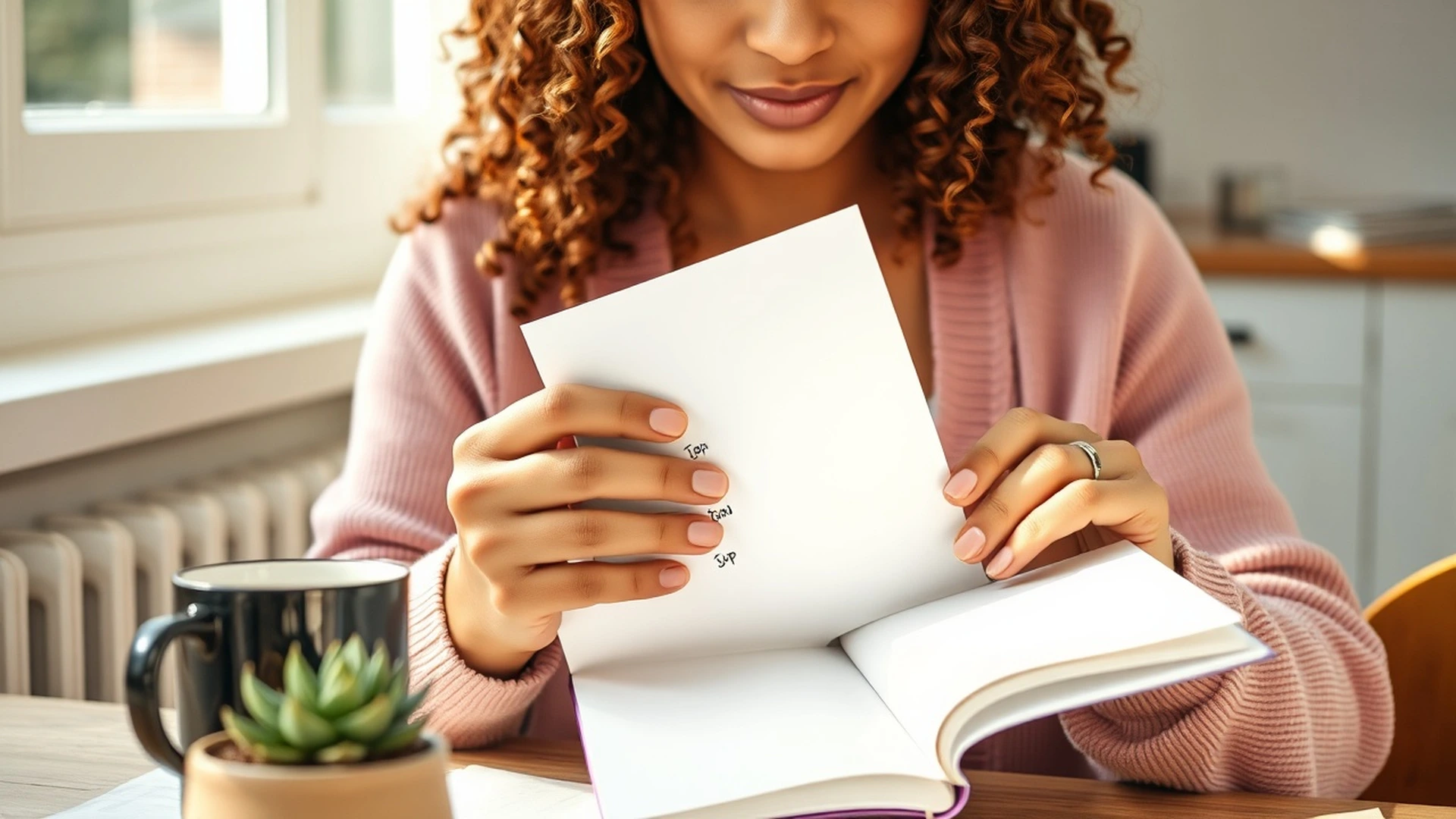 Woman reviewing broken-down task plan in morning light