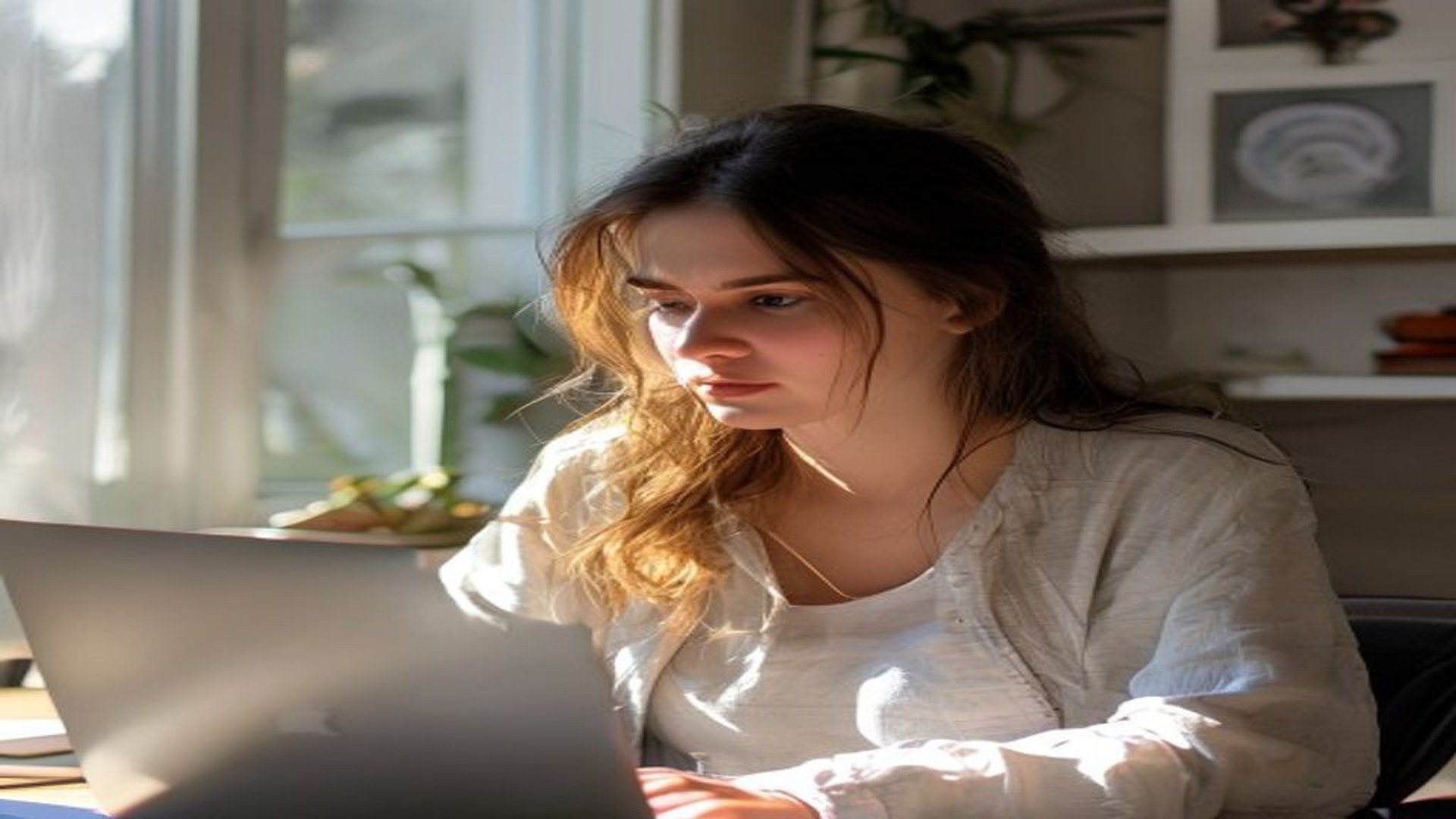 Woman taking a breath before starting work at her desk with focus
