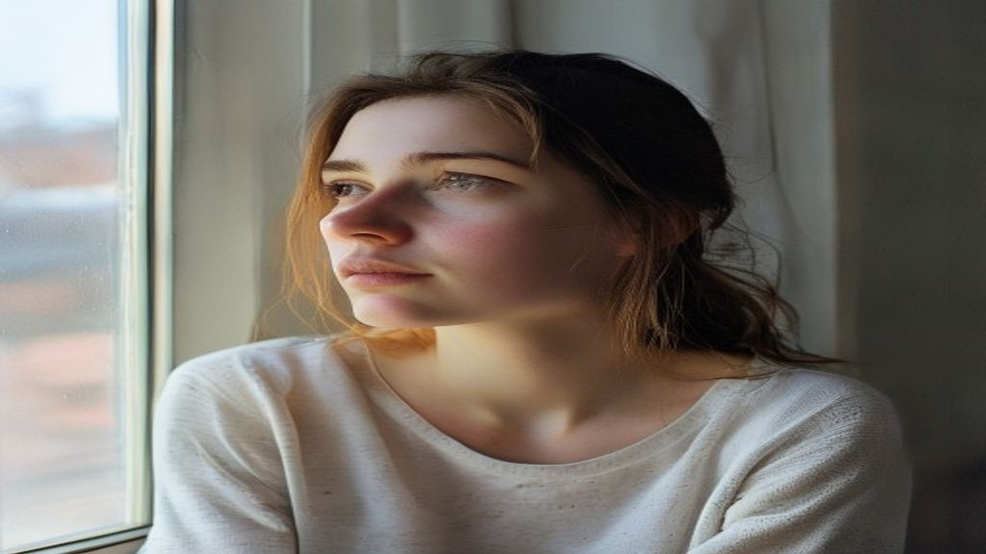 Woman peacefully looking out window, releasing future worry