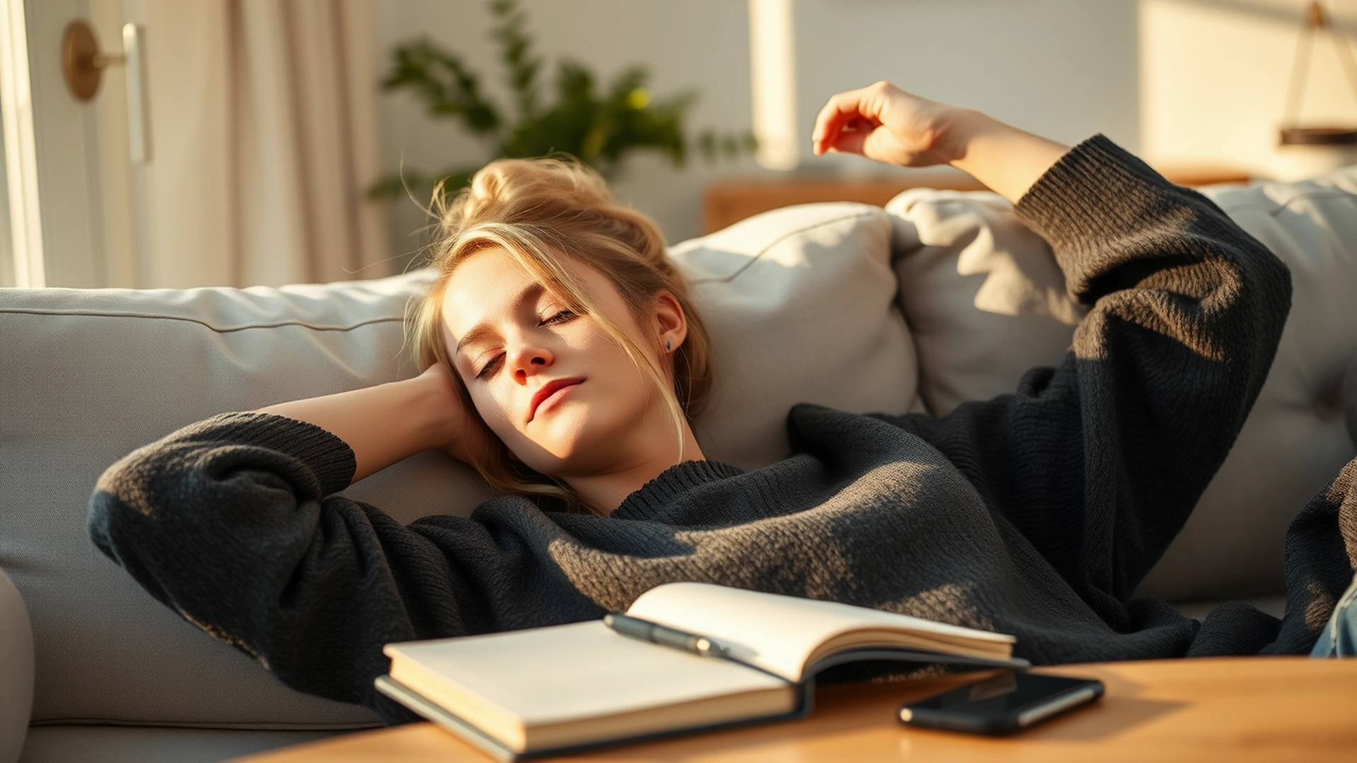 Woman resting on couch practicing daily life balance habits