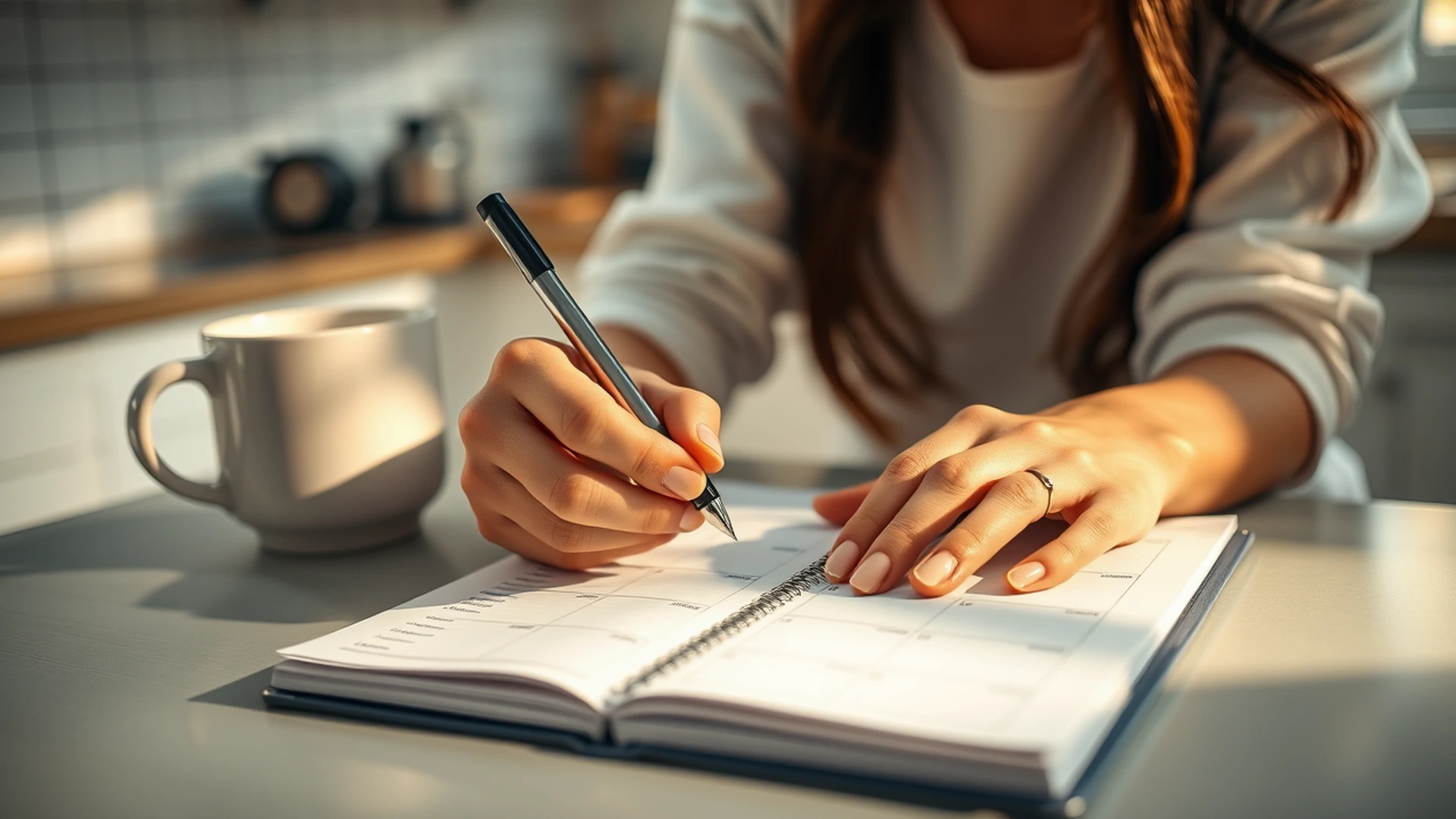 Hands writing boundaries and life balance habits in planner