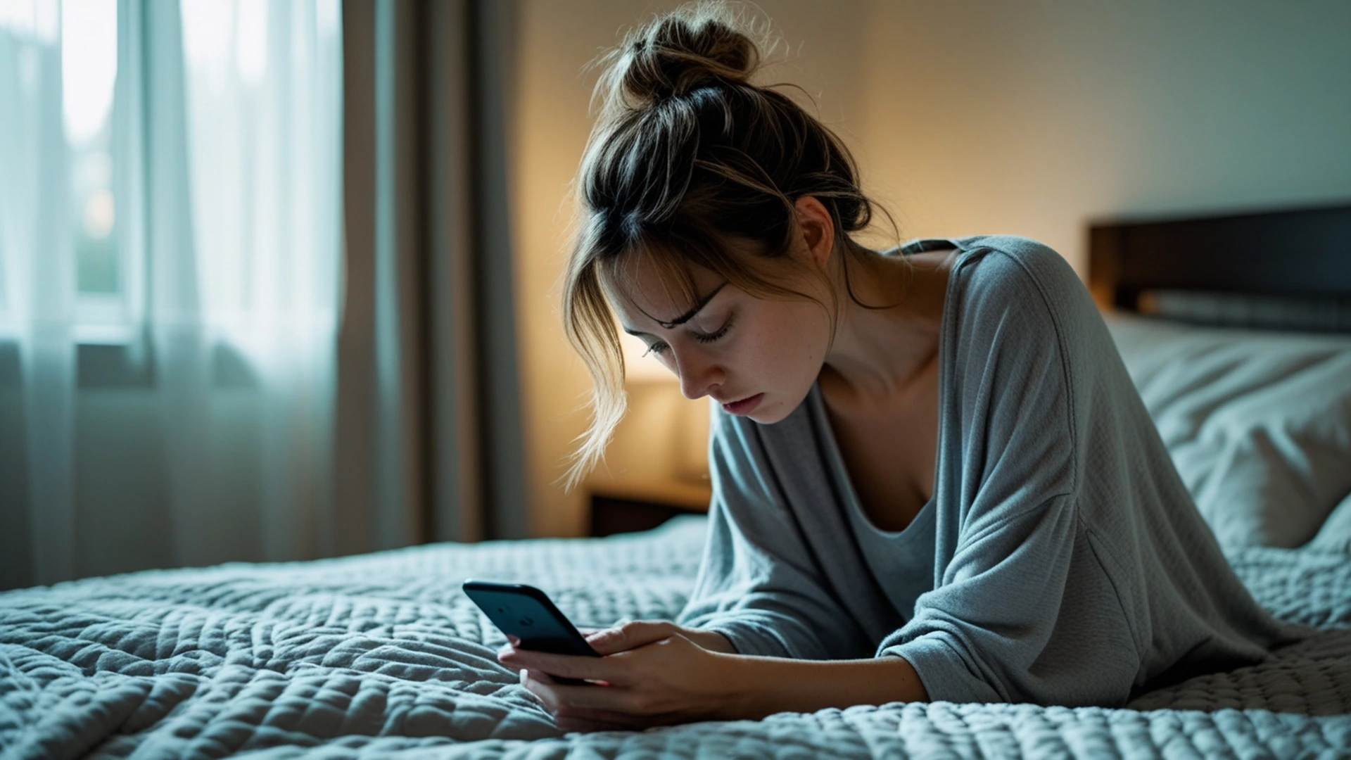 young woman sitting on bed edge exhausted before starting morning routine