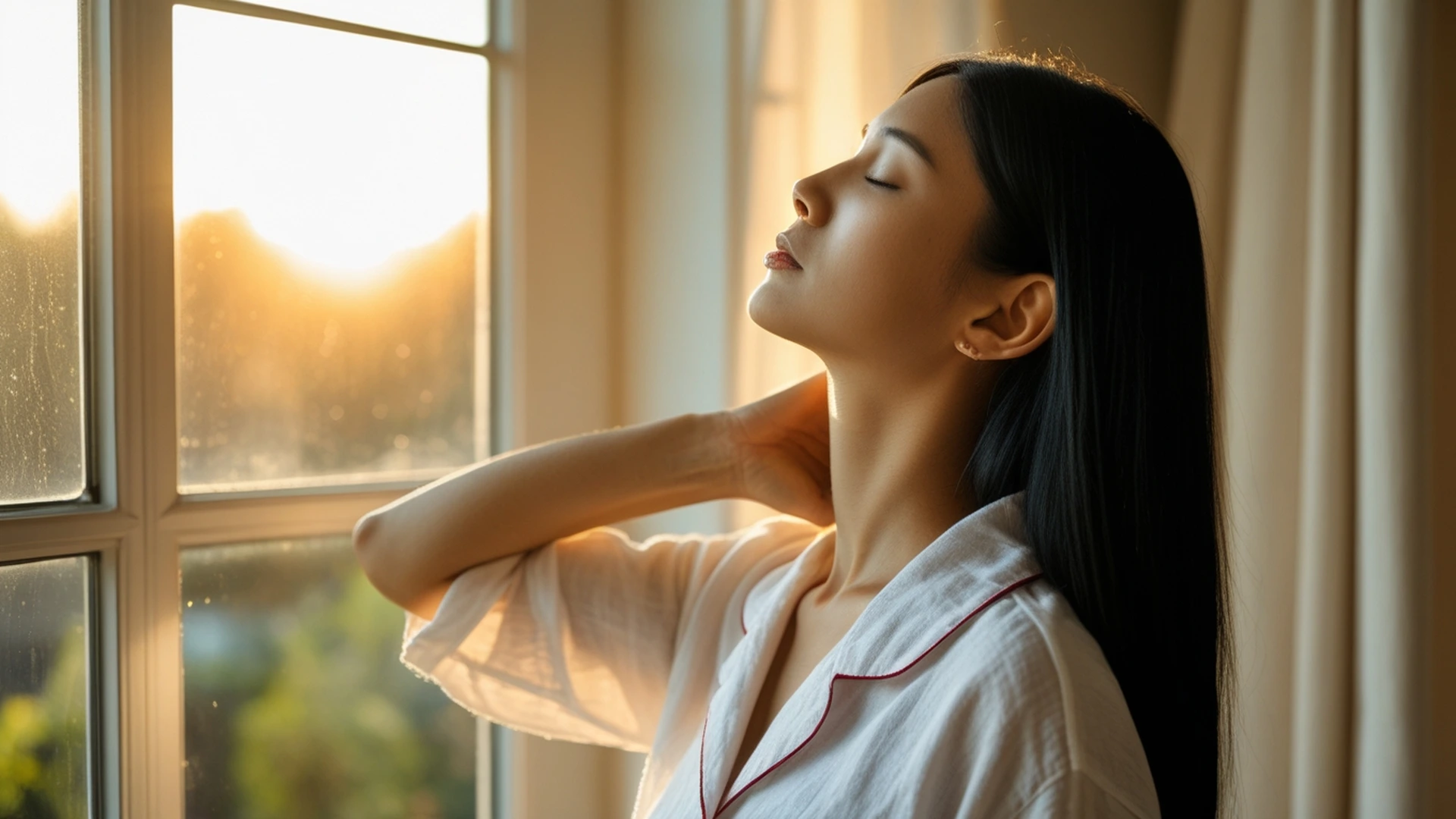 woman doing gentle morning stretch at window to support mental health