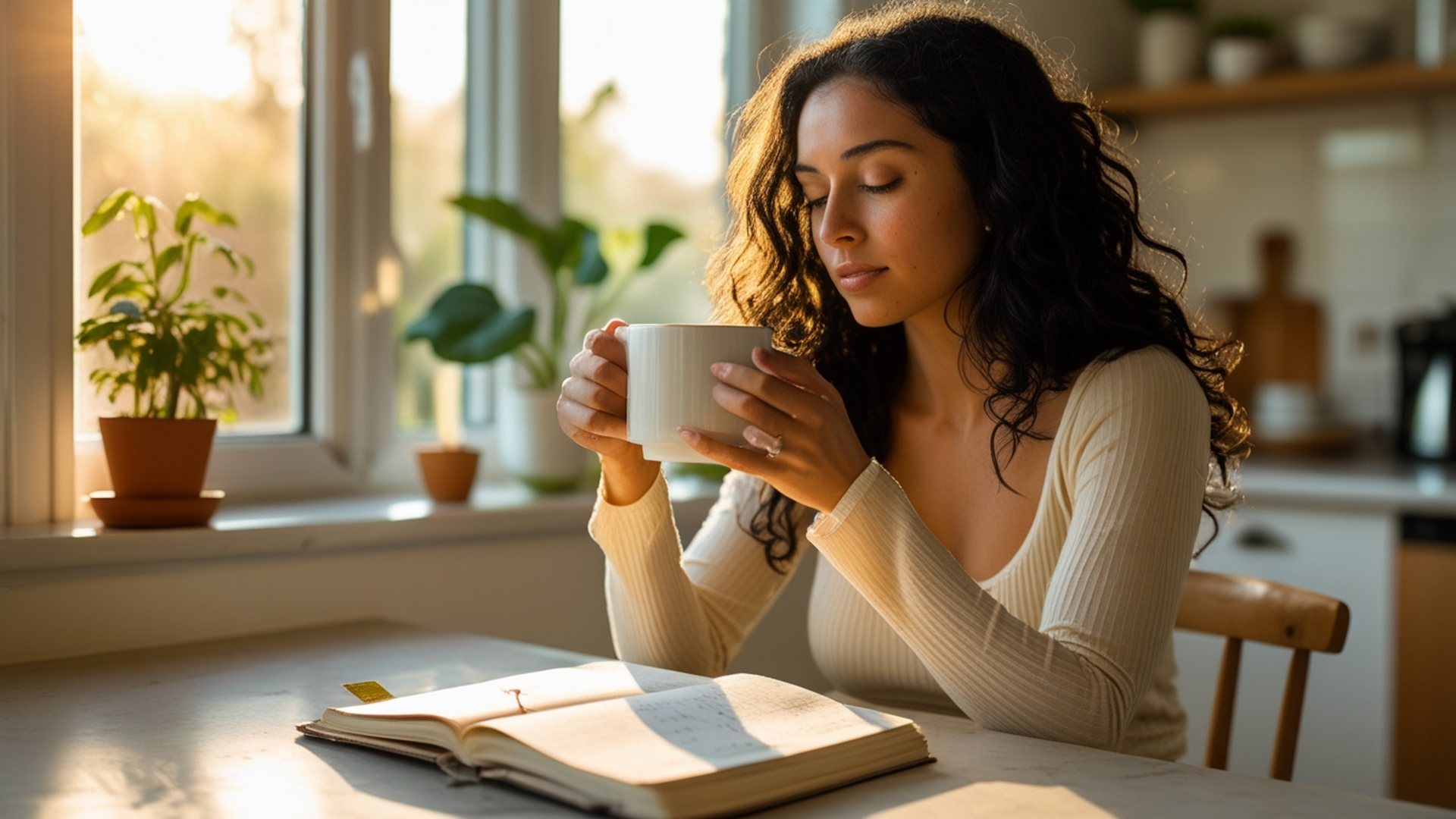 Young woman sipping herbal tea by window at sunrise during morning routine